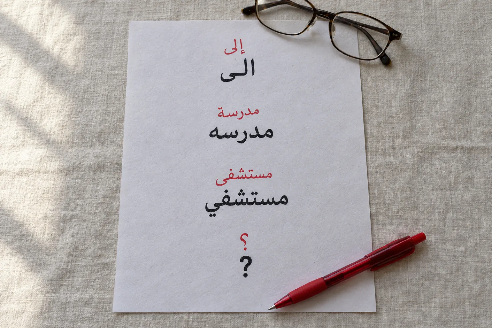 صفحة مطبوعة على مفرش كتان، عليها أربع كلمات خاطئة بالأسود وفوق كل منها تصحيحها بالأحمر: الى إلى، مدرسه مدرسة، مستشفي مستشفى، وعلامة استفهام لاتينية فوقها علامة الاستفهام العربية، وبجانبها قلم أحمر ونظارة قراءة.