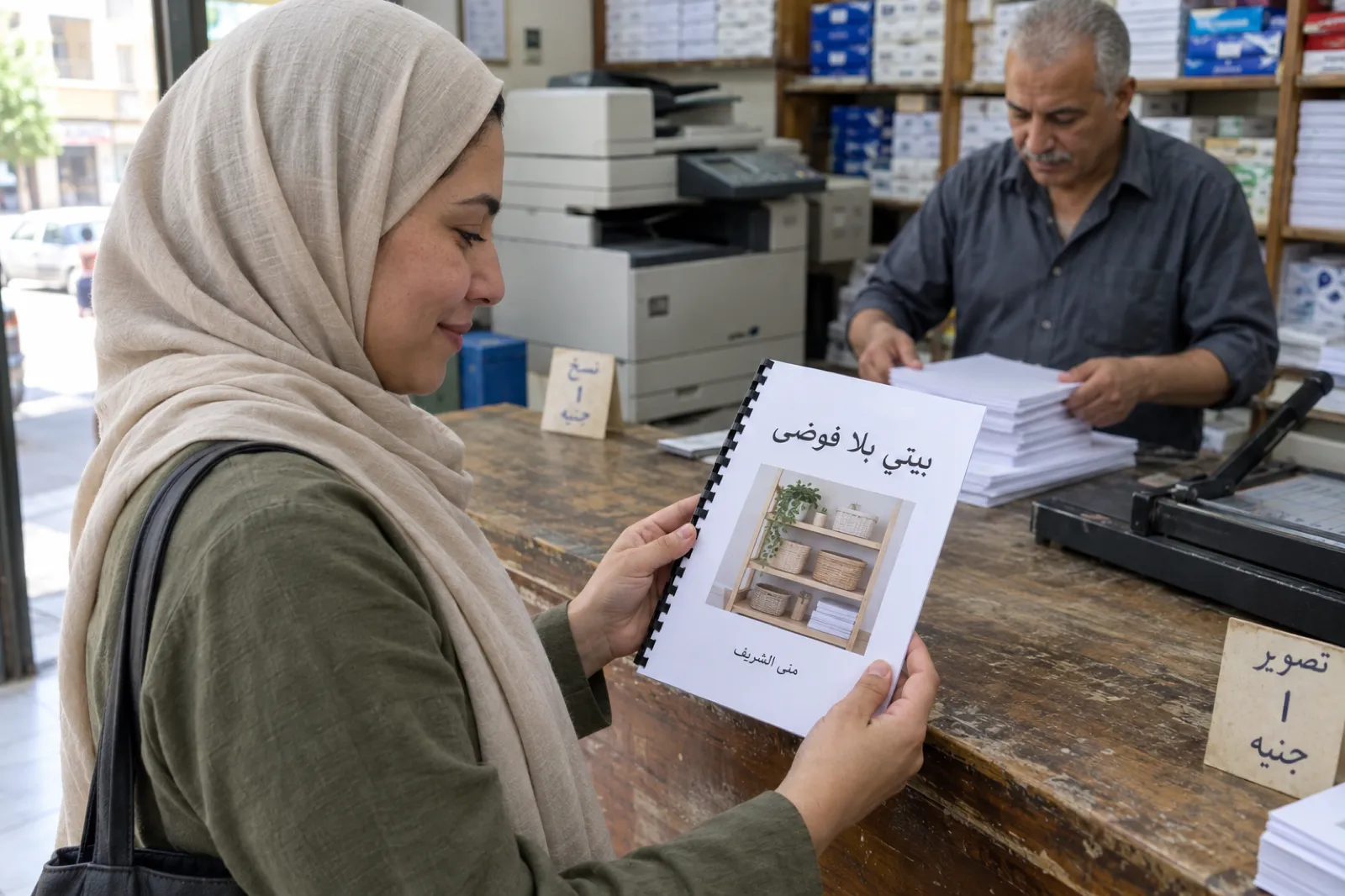 امرأة بحجاب فاتح في محل طباعة صغير في القاهرة تمسك بيديها كتيبًا مطبوعًا مجلدًا بلولب أسود، على غلافه صورة رف مرتب وعنوان بيتي بلا فوضى واسم الكاتبة منى الشريف، وخلفها صاحب المحل يرتب أوراقًا بجانب آلة تصوير.