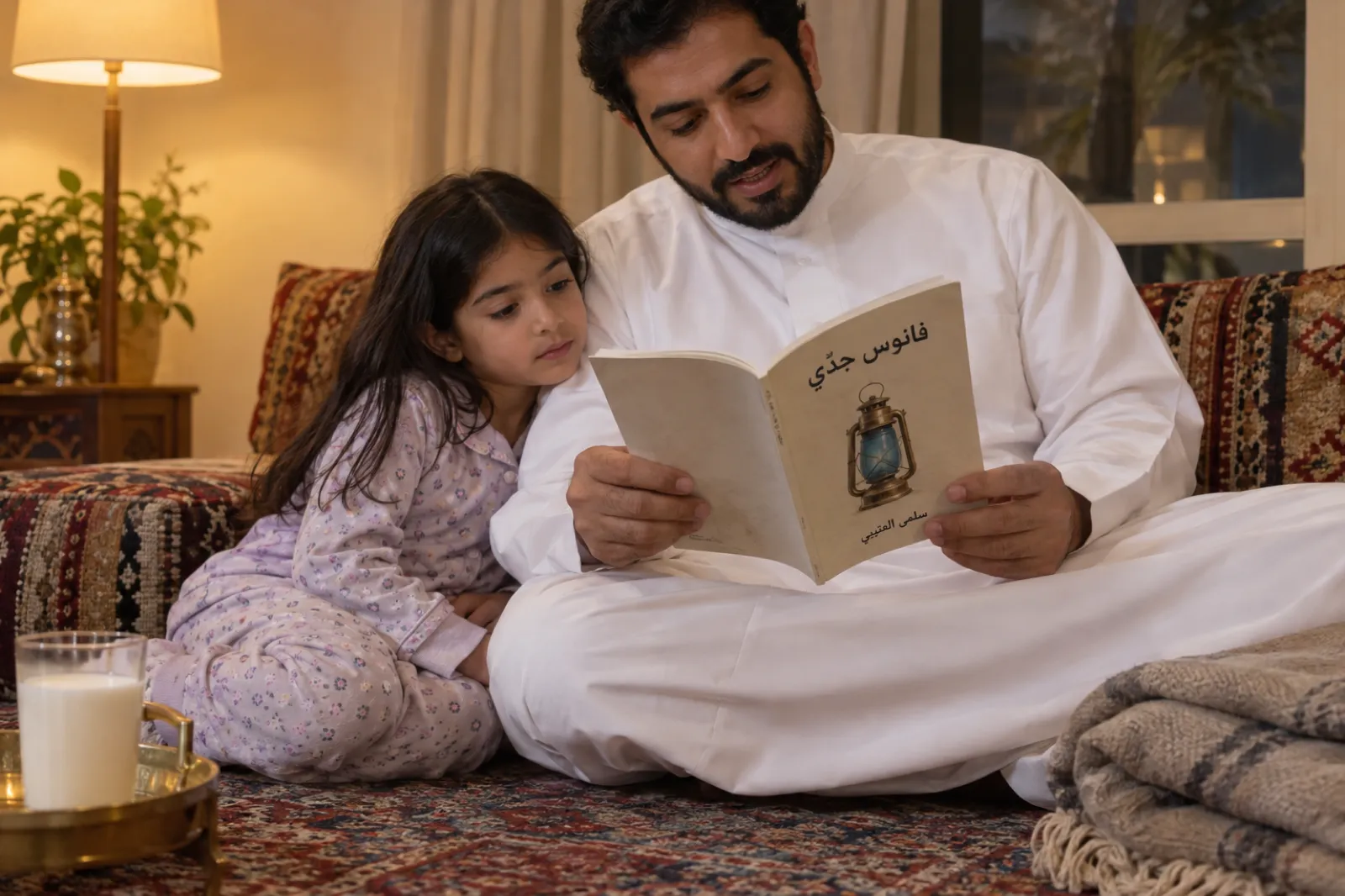 أب بثوب أبيض يجلس على وسادة أرضية في مجلس عائلي وتتكئ عليه ابنته بملابس النوم، وهو يقرأ لها بصوت عالٍ كتيب قصة مطبوعًا بغلاف كريمي عليه رسم فانوس قديم وعنوان فانوس جدّي واسم المؤلفة سلمى العتيبي، وبجانبهما كأس حليب على صينية نحاسية.