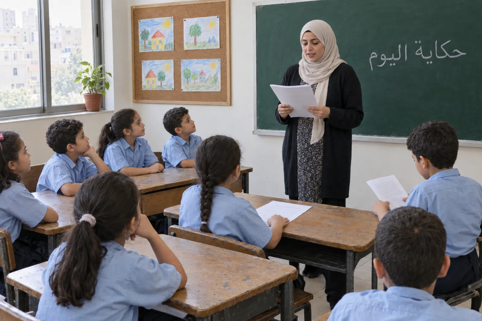 معلمة بحجاب فاتح في صف ابتدائي مشمس تقرأ بصوت عالٍ من أوراق قصة مطبوعة، وتلاميذ بقمصان زرقاء فاتحة على مقاعد خشبية قديمة يستمعون، واثنان منهم يتابعان على نسختيهما، وعلى السبورة الخضراء كتبت بالطباشير عبارة حكاية اليوم.