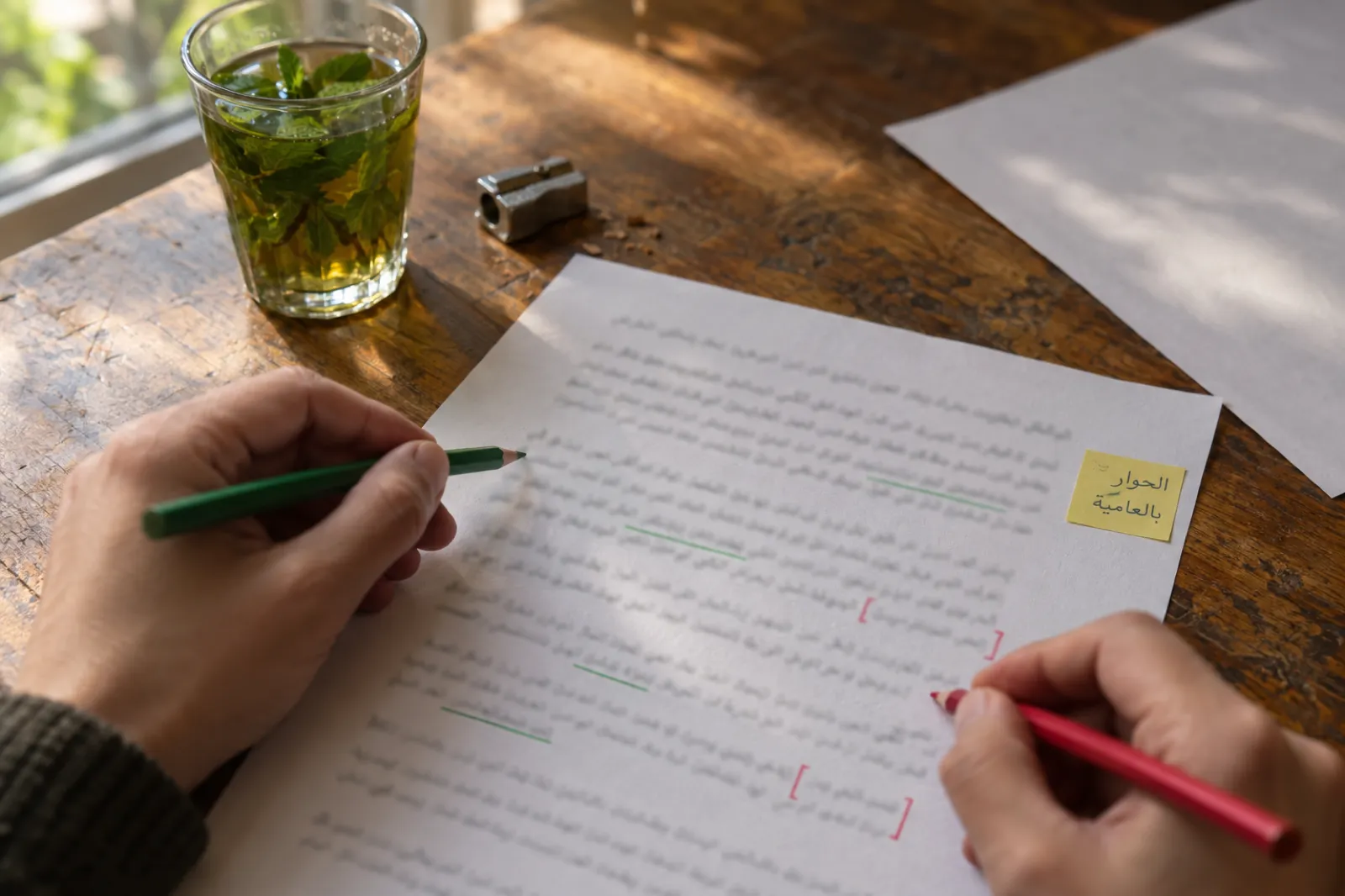 يدان على طاولة مطبخ خشبية قرب نافذة مشمسة تعلّمان صفحة مطبوعة من قصة قصيرة بالعربية، الأولى بقلم أخضر تحت سطور السرد والثانية بقلم أحمر حول سطور الحوار، وعلى هامش الصفحة ورقة لاصقة صفراء كتب عليها بخط اليد الحوار بالعامية، وبجانبها كأس شاي بالنعناع ومبراة.