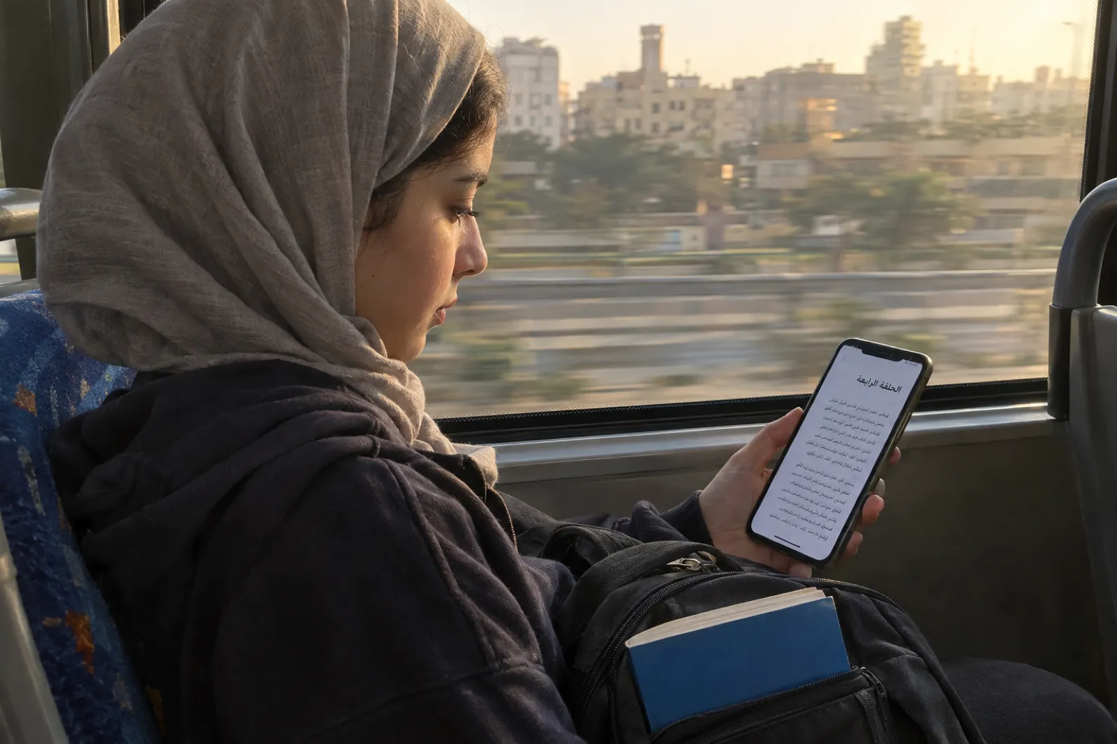 فتاة مراهقة بحجاب رمادي تجلس قرب نافذة حافلة في مدينة عربية عند الغروب، تقرأ على هاتفها حلقة من قصة بالعربية عنوانها الحلقة الرابعة، وعلى حجرها حقيبة مدرسية في جيبها كتاب بغلاف أزرق.