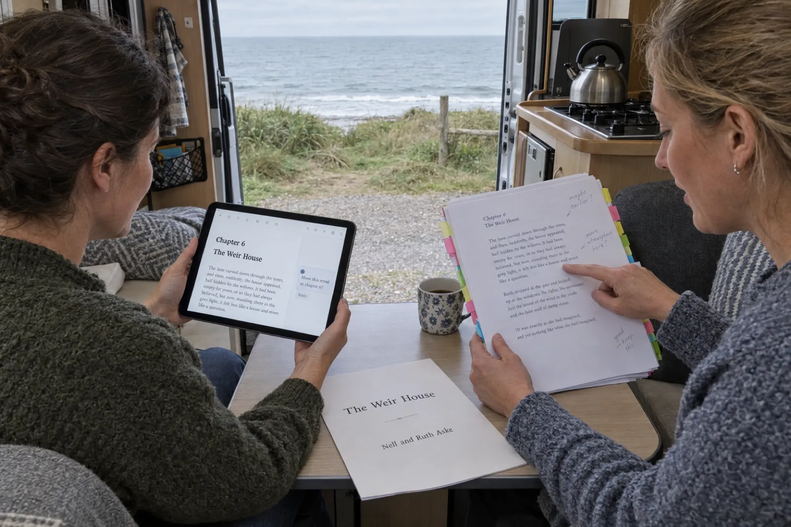 Two sisters co-writing The Weir House in a camper van at a seaside campsite, one reading a margin comment on a tablet that says Move this reveal to chapter 6, the other pointing at a marked-up printed chapter covered in sticky tabs