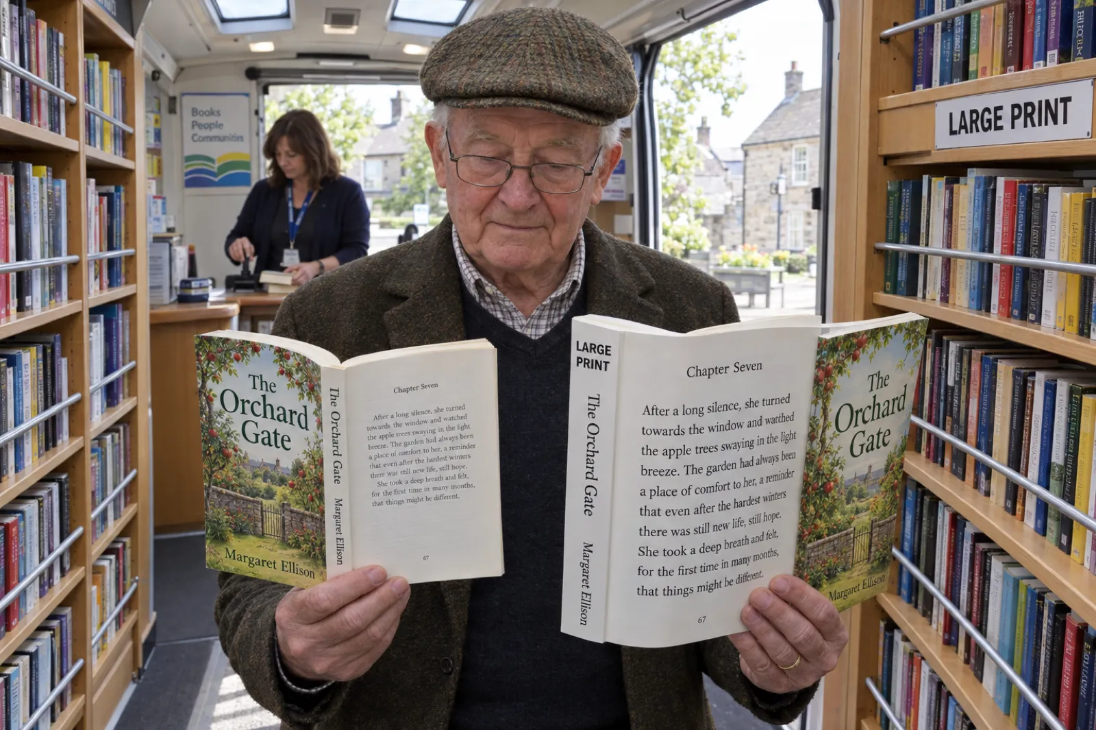An older man in a mobile library van holds two copies of The Orchard Gate by Margaret Ellison open at Chapter Seven, the standard paperback in one hand and the large print edition with much bigger type in the other, under a shelf sign reading LARGE PRINT