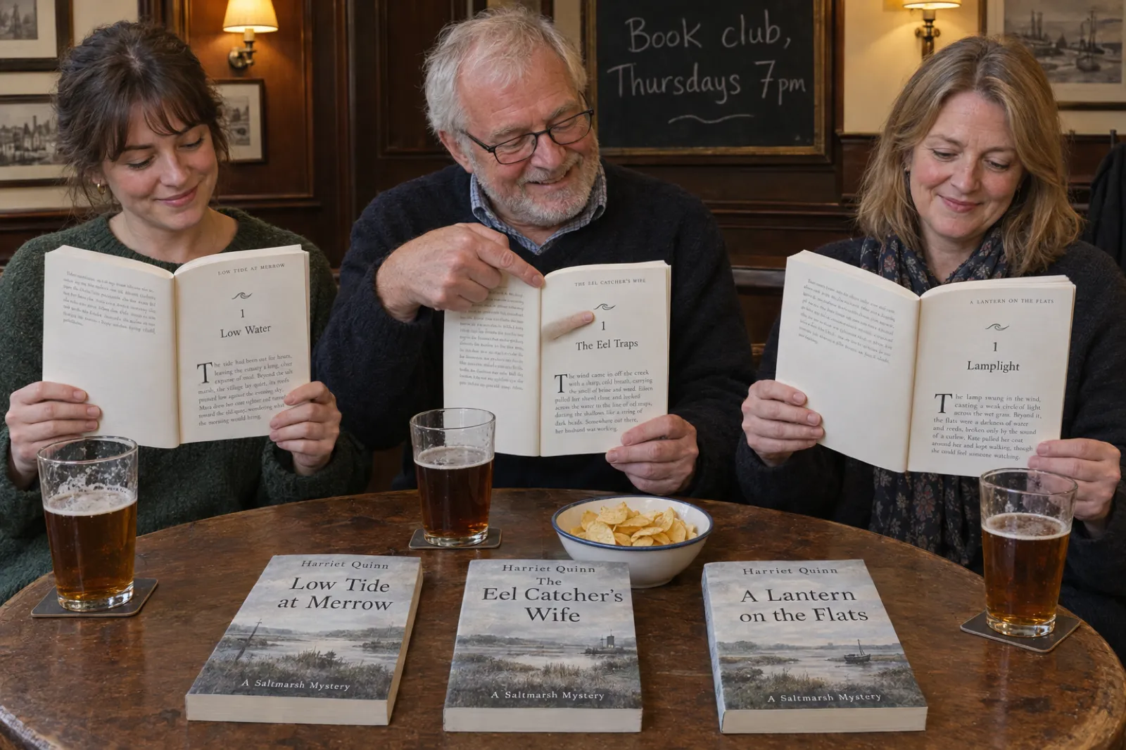 Three readers at a pub book club hold open the first chapters of three Saltmarsh Mysteries by Harriet Quinn, Low Water, The Eel Traps and Lamplight, all set in the same interior design with a wave ornament and drop cap, with the covers of Low Tide at Merrow, The Eel Catcher's Wife and A Lantern on the Flats on the table