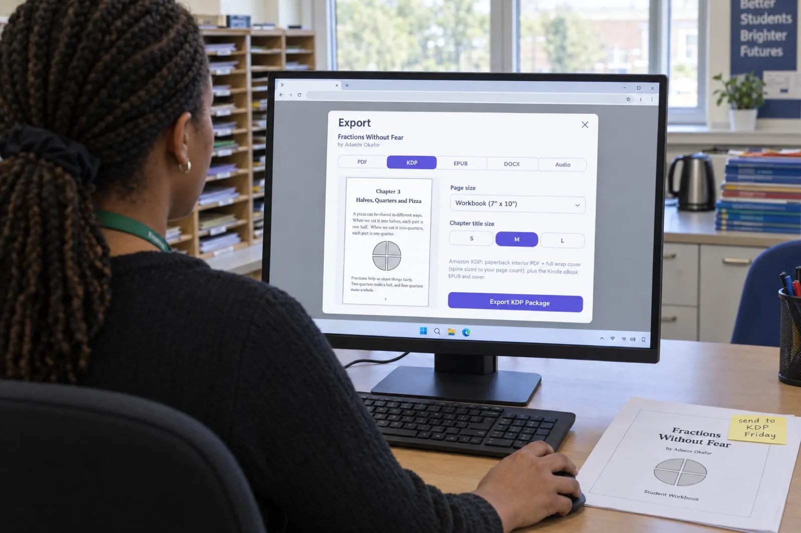 Over the shoulder of a teacher at a shared Windows computer in a school staff room, the screen showing the Inkfluence AI Export window with the KDP tab selected for the workbook Fractions Without Fear by Adaeze Okafor, page size Workbook 7 x 10 and an Export KDP Package button