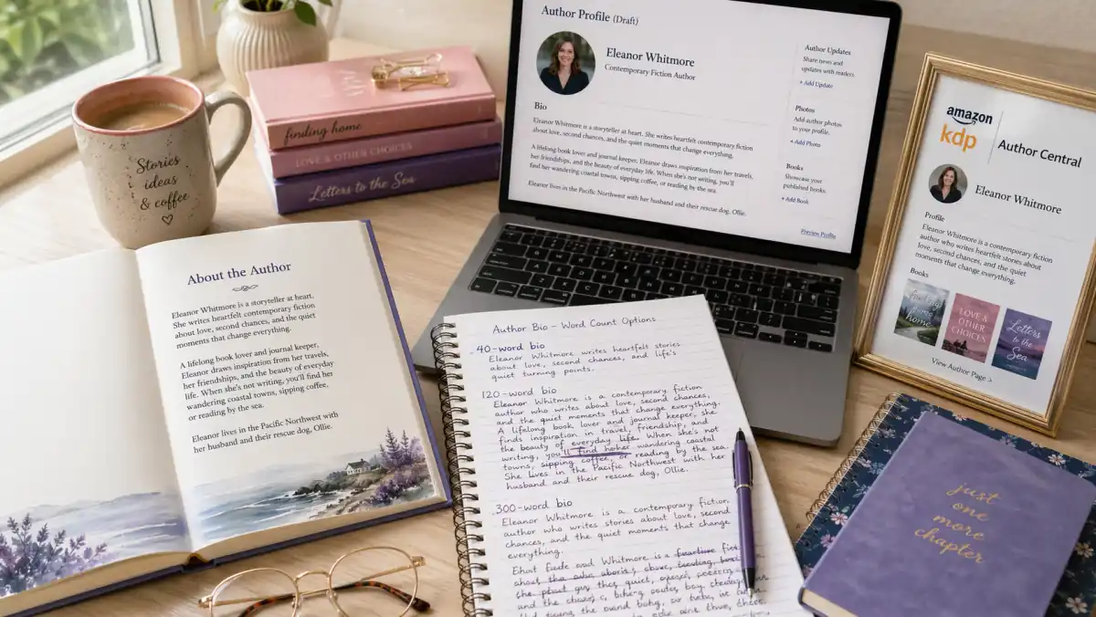 A self-published author's desk showing a hardcover book opened to the 'About the Author' page with a printed bio, a laptop with a draft author profile on-screen, handwritten notes comparing short and long bio versions, a mug of coffee, and a framed Amazon KDP author-page mockup, illustrating how authors craft bios for different placements in 2026.