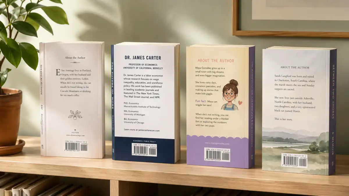 Four open paperback books standing upright on a cream shelf, each showing the 'About the Author' back-cover bio in a different style: a short novelist bio, a credential-forward non-fiction expert bio, a warm children's author bio with a fun fact, and a memoir bio with place and family detail, illustrating how author bios adapt to different book categories in 2026.