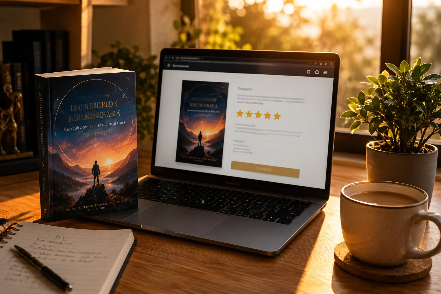 Libro en español publicado y a la venta: la tapa blanda de pie sobre el escritorio junto a un portátil que muestra la ficha del libro en una tienda online con valoración de cinco estrellas, con luz dorada de atardecer