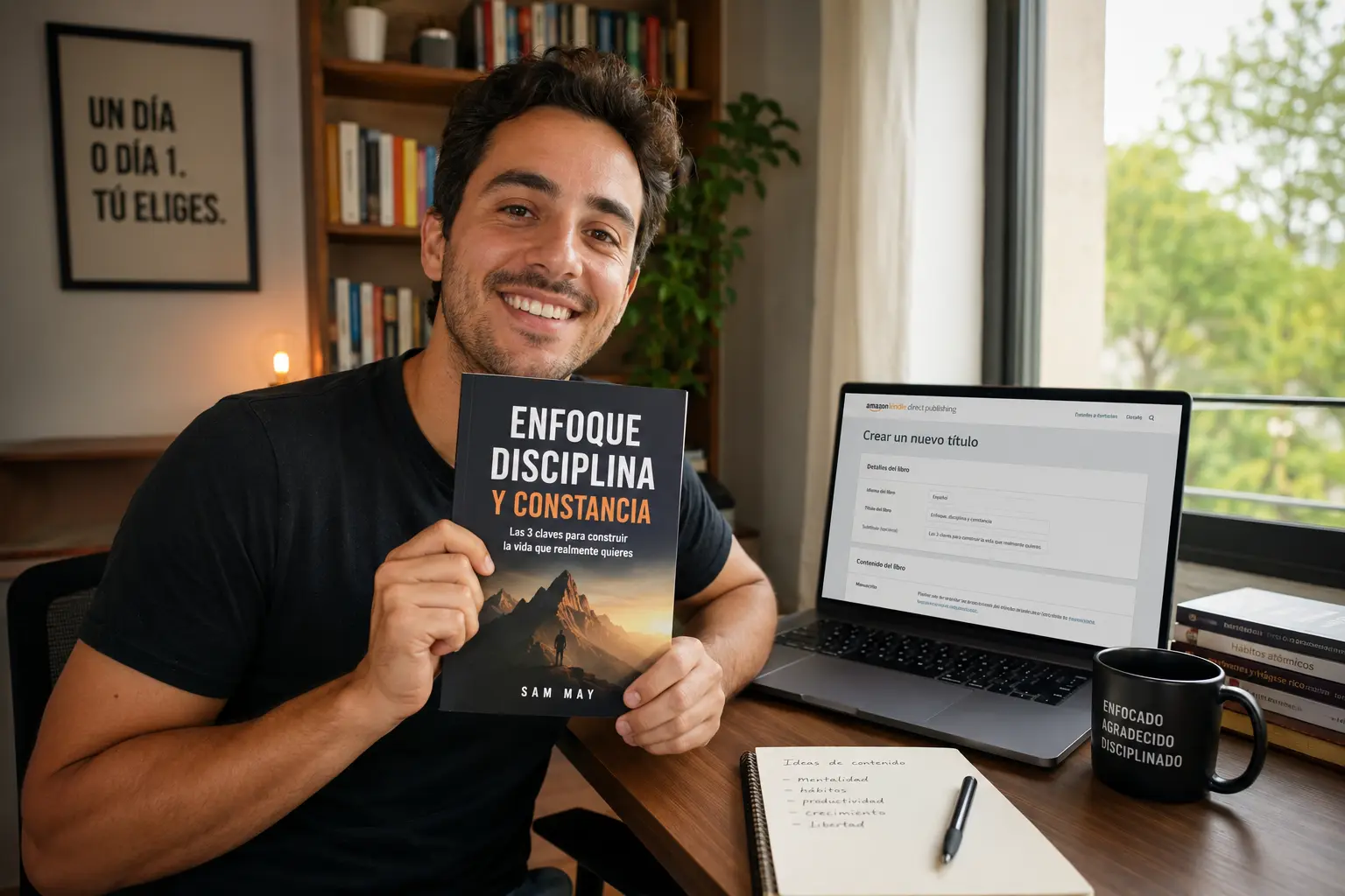 Autor sonriente sosteniendo su libro impreso en español, Enfoque Disciplina y Constancia, junto a un portátil con la página Crear un nuevo título de Amazon KDP abierta
