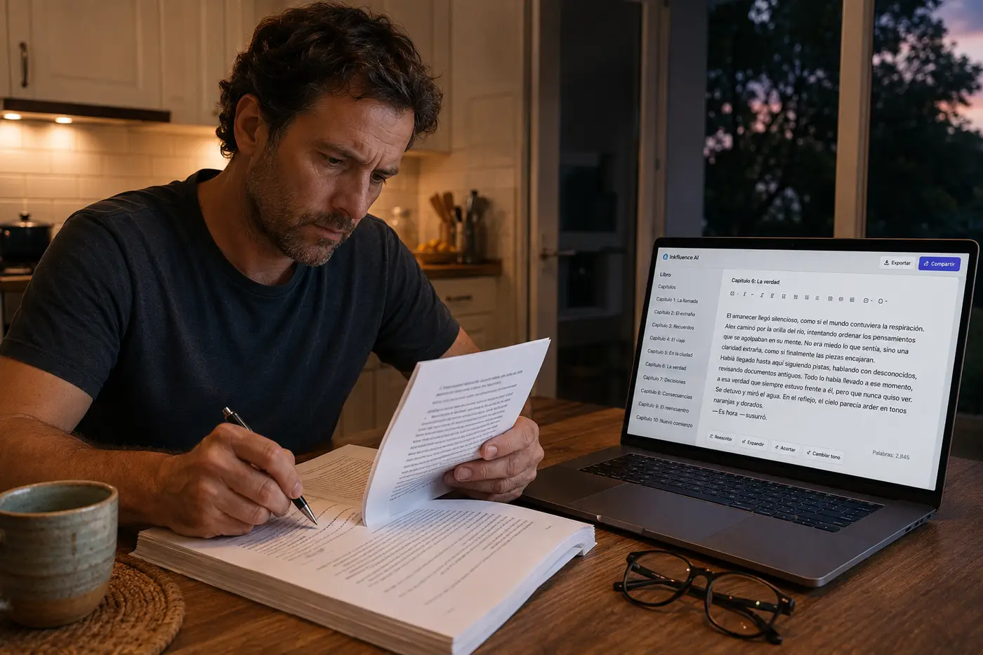 Autor revisando su manuscrito impreso con un bolígrafo en la mesa de la cocina, con el portátil al lado mostrando su libro en una app de escritura en español