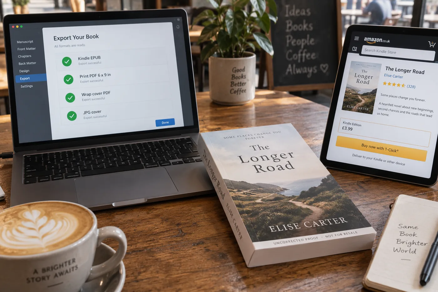A laptop screen showing an export panel with Kindle EPUB, print PDF at 6 by 9 inches, a wrap-cover PDF and a JPG cover listed as ready, beside a printed paperback proof and a tablet showing the Kindle listing.
