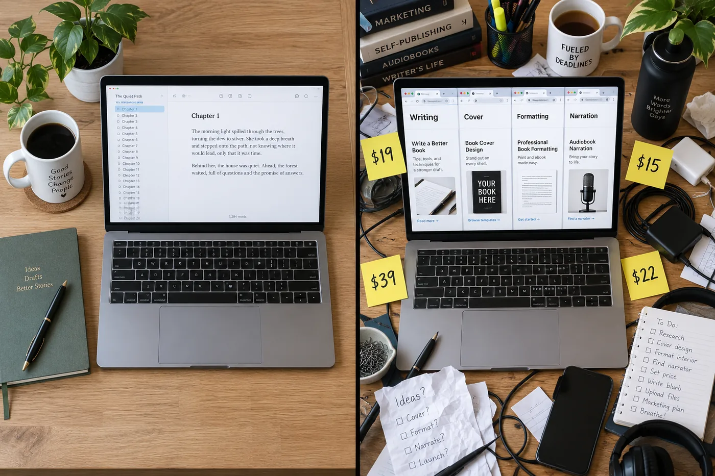 Two desks side by side: on the left one laptop with a single book workspace; on the right a laptop with four browser tabs for a writing tool, a cover tool, a formatting tool and a narration service, with sticky notes of subscription prices.