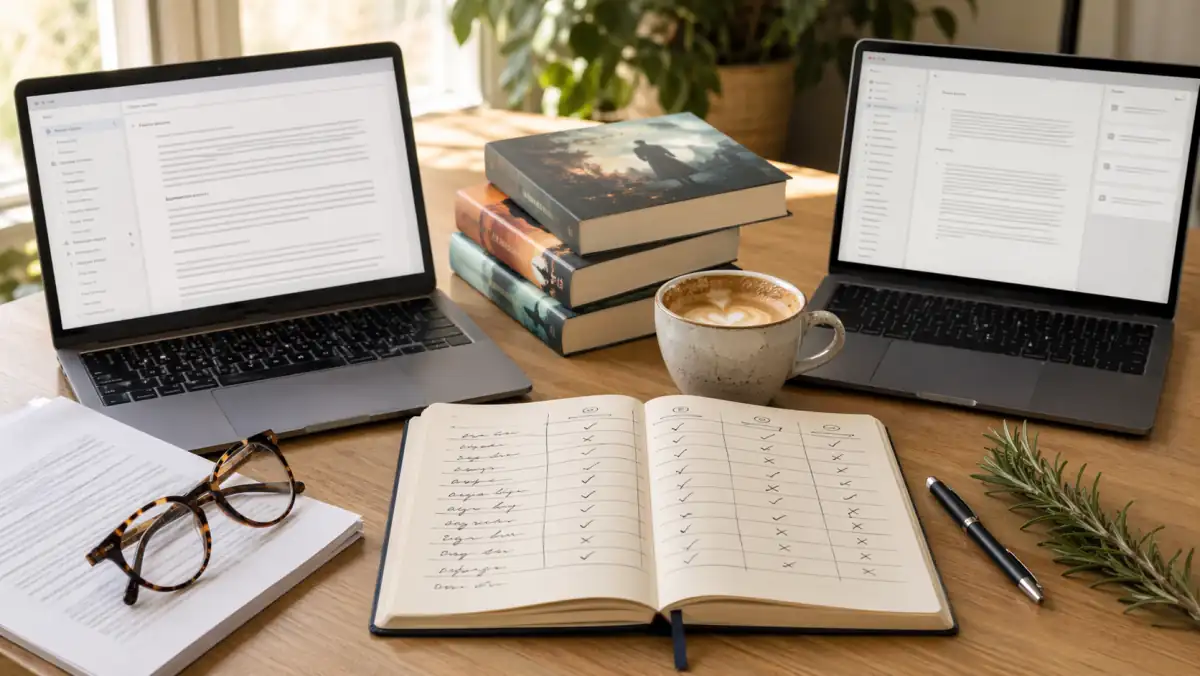 A reviewer's desk during an AI book generator comparison test in 2026: two laptops showing book-writing software interfaces, a handwritten feature comparison grid in a notebook, coffee, reading glasses, and a stack of three finished paperback books in different genres, illustrating independent head-to-head testing of the best AI book generators.
