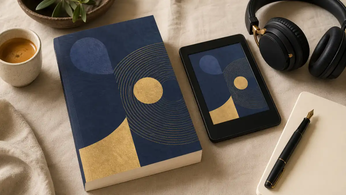 A paperback book shown alongside its matching Kindle ebook and over-ear headphones representing the audiobook version, all arranged on a linen surface with a fountain pen and coffee, illustrating the complete paperback plus ebook plus audiobook workflow that the best AI book generators deliver in a single tool.