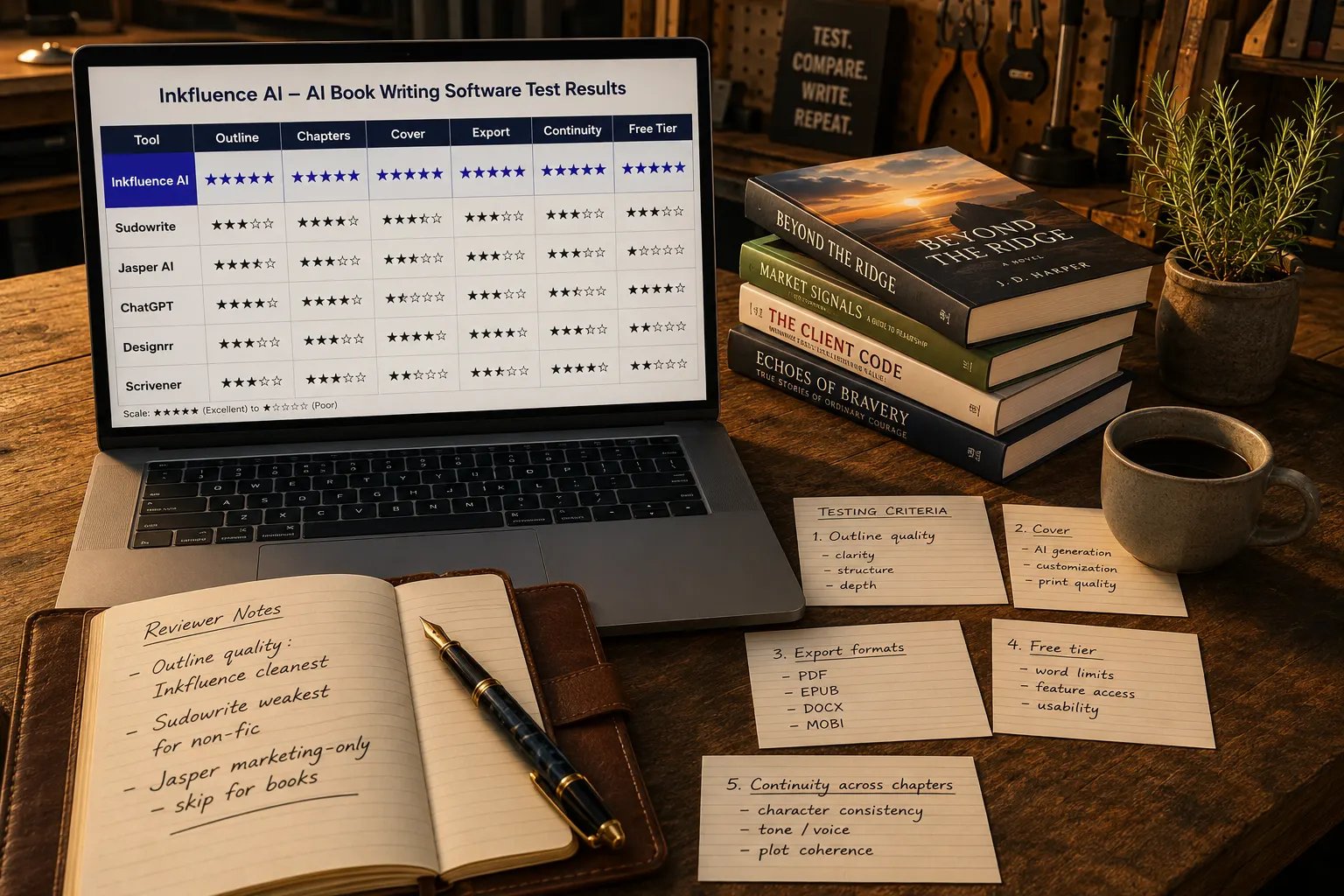 A modern testing-station desk at golden hour. Laptop on warm wooden desk displays a Best AI Book Writing Software Test Results spreadsheet comparing six tools (Inkfluence AI, Sudowrite, Jasper AI, ChatGPT, Designrr, Scrivener) across seven criteria with star ratings, Inkfluence AI marked five stars in indigo. Beside the laptop: open leather notebook with handwritten reviewer notes, a stack of four paperback test books, four index cards with handwritten testing criteria, a fountain pen, a stoneware mug of black coffee, and a sprig of fresh rosemary in a clay pot.