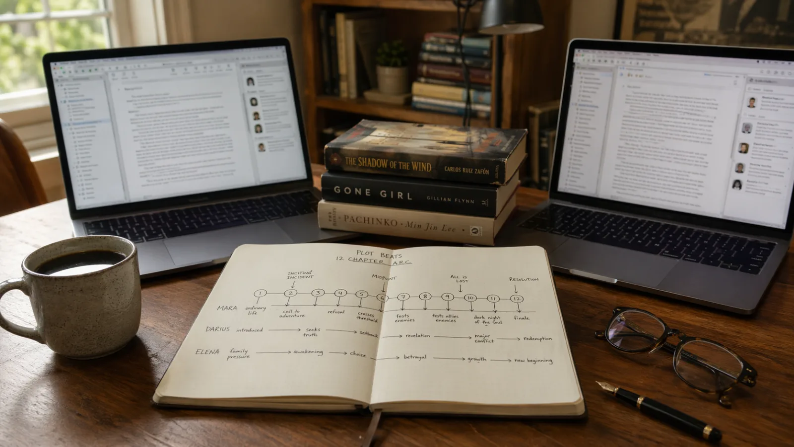 Two open laptops side by side on a wooden writing desk, each displaying an AI novel writing software interface with visible chapter lists and editing panes, a hand-drawn plot beats diagram open in a leather-bound notebook between them, a small stack of hardcover novels, a ceramic coffee mug, a fountain pen, and reading glasses, illustrating the side-by-side evaluation process used to rank the best AI novel writers of 2026 across literary fiction, genre, and KDP self-publishing workflows.