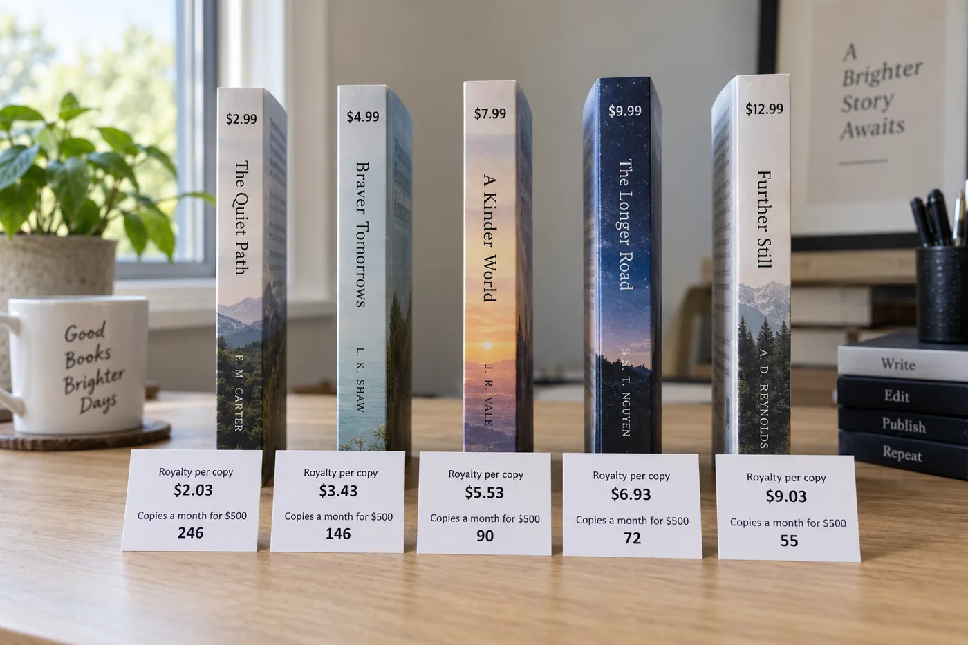 An infographic of five book spines priced $2.99, $4.99, $7.99, $9.99 and $12.99 with the royalty per copy printed beneath each: $2.03, $3.43, $5.53, $6.93 and $9.03, and the copies needed for $500 a month: 246, 146, 90, 72 and 55.
