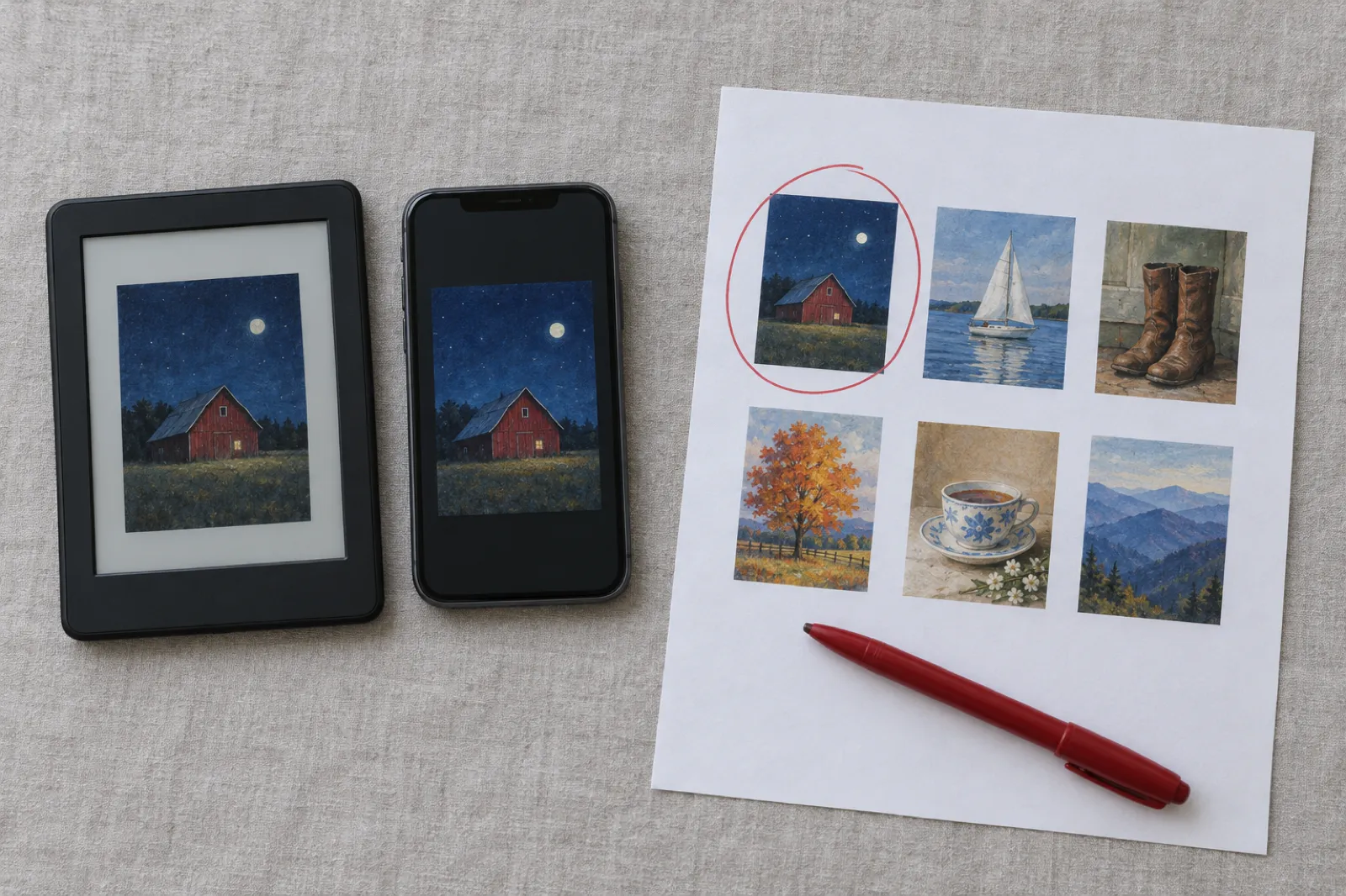 An e-reader and a phone showing the same small cover of a red barn at night, beside a printed sheet of six thumbnail covers with one circled in red