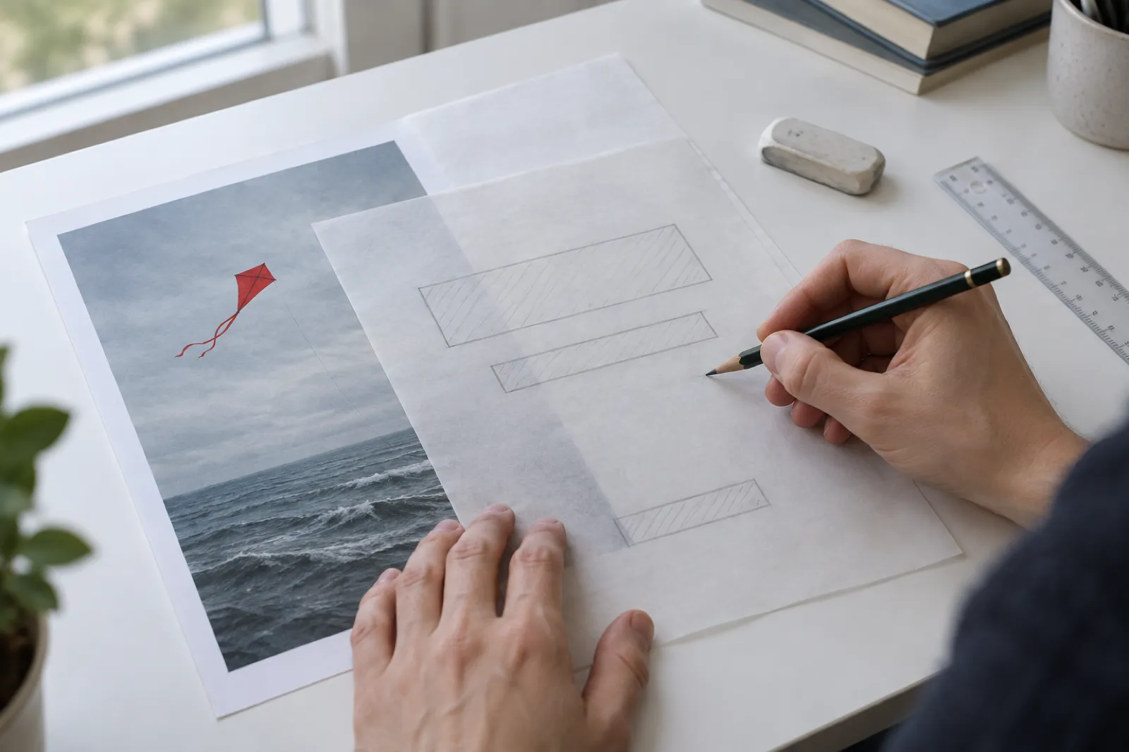 Hands sketching title and author placement boxes on tracing paper laid over printed cover artwork of a red kite above a grey sea