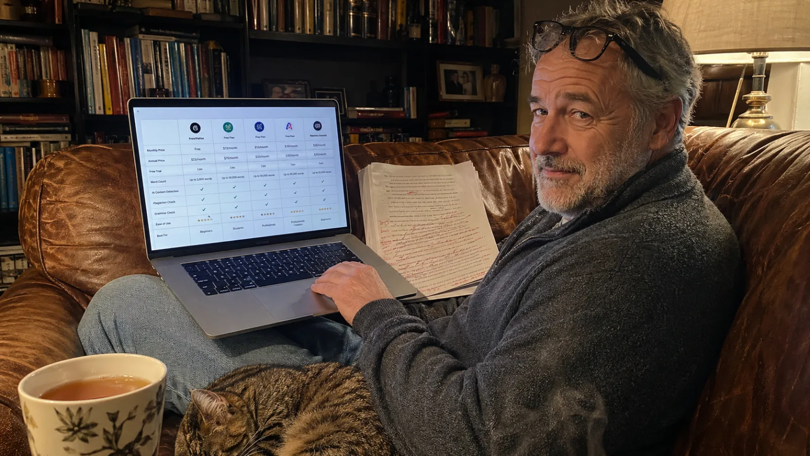 A novelist in his fifties wearing a soft sweater, sitting cross-legged on a worn leather sofa in a cozy book-lined living room with paperback novels visible on the shelves behind him. Laptop open on his lap showing a side-by-side comparison grid of multiple novel writing software platforms with feature columns and price tiers. Beside him on the sofa: a printed manuscript stack with red-pen edits, a steaming mug of tea on the armrest, and a sleeping tabby cat curled against his thigh. Warm overhead lamp light, candid evening photography, illustrating the careful research process behind picking novel writing software in 2026.