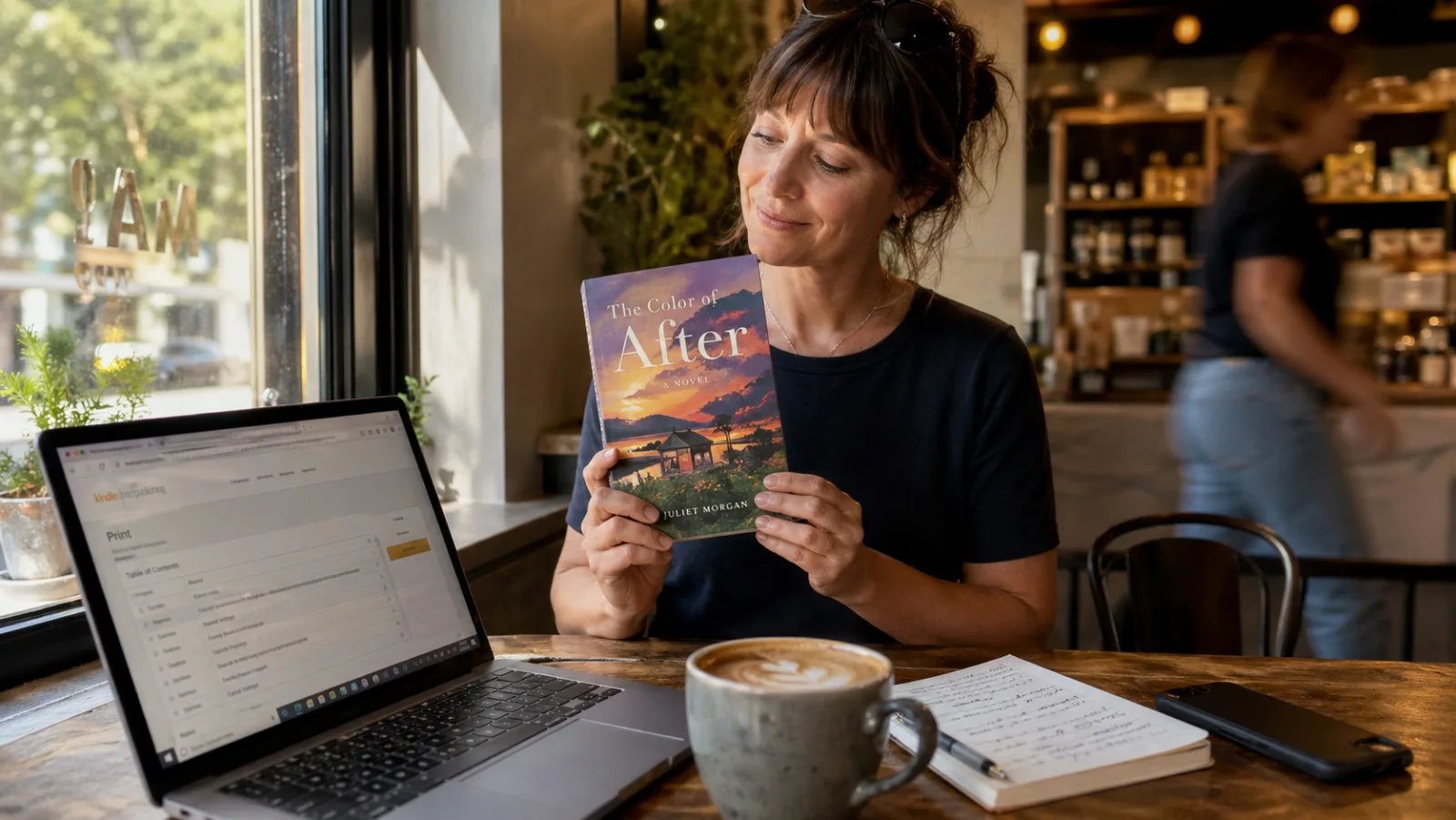 A novelist in her late thirties sitting at a sunlit cafe table, holding her freshly-printed paperback novel with both hands and looking down at the cover with a quiet proud smile. On the table beside her: an open laptop angled at 45 degrees showing an Amazon KDP-style author dashboard with chapter titles, a half-finished latte with foam art in a ceramic mug, a small notebook with hand-written annotations, and a phone face-down. Warm afternoon window light from the left, candid documentary photography, illustrating the moment a novelist holds a finished book rather than tinkering with another writing cockpit.