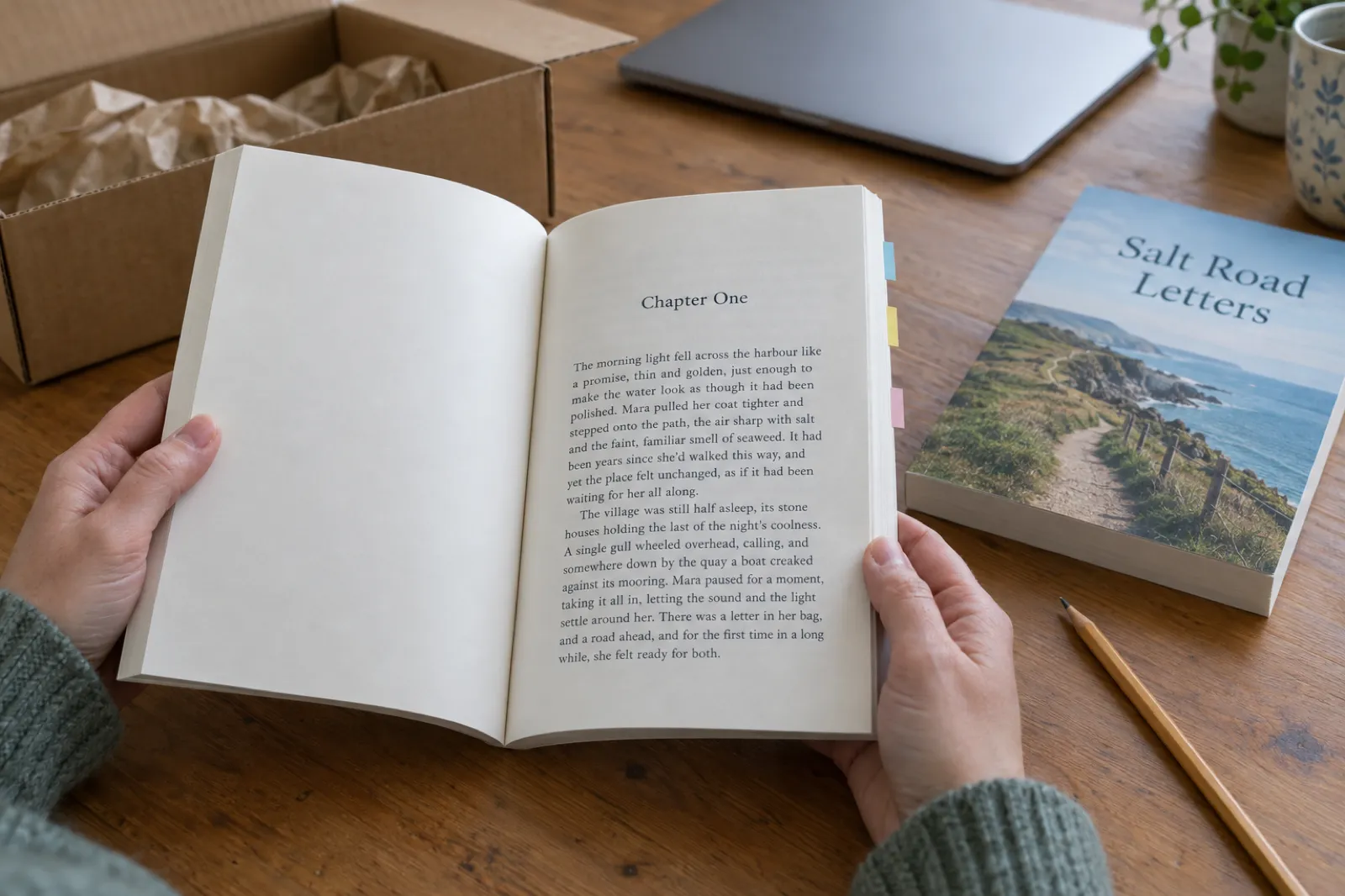 An author holds open a proof paperback at the Chapter One page, with page flags along the edge, a second copy of an invented book called Salt Road Letters, a shipping box and a closed laptop on the table