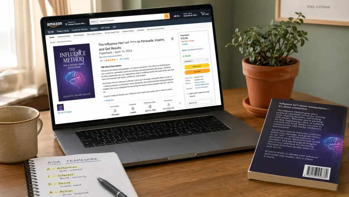 A laptop on a warmly lit desk showing an Amazon KDP book listing with a strong 180-word description visible, a paperback with matching back-cover copy beside it, and a small notebook with a highlighted AIDA framework outline, illustrating how the same description appears across Amazon listing, paperback back cover, and social ad copy in 2026.