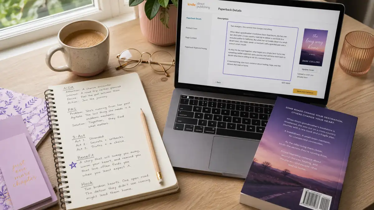 An author's desk during a book description drafting session: a laptop showing an Amazon KDP listing preview with the book description field highlighted, a paperback with its back-cover blurb visible, a notebook with five handwritten description drafts in different frameworks (AIDA, PAS, 3-Act, benefit-led, hook-led), coffee mug, reading glasses. Warm pastel palette, white oak desk, illustrating the process of testing multiple description angles before publishing in 2026.