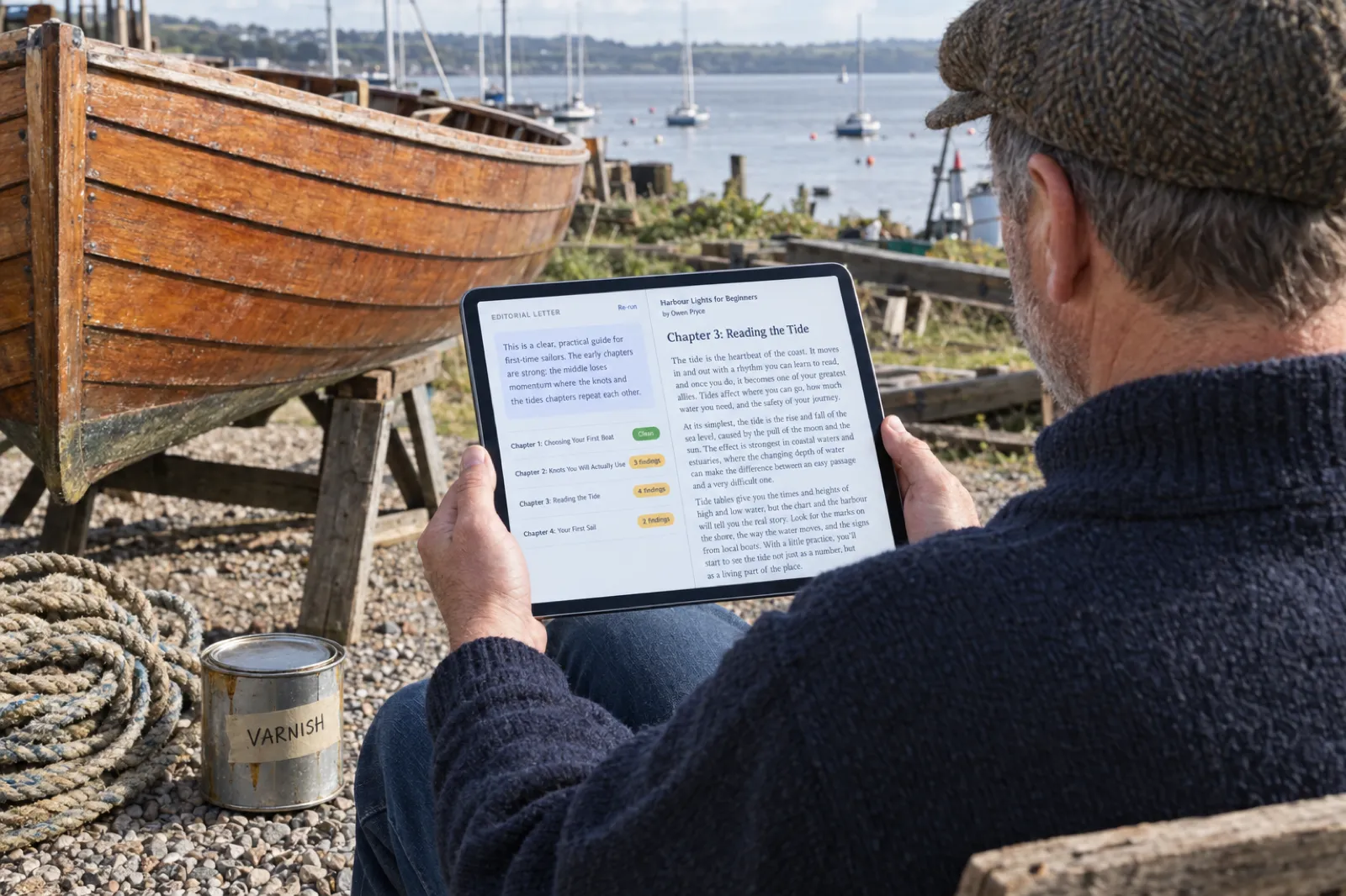 In a boatyard beside a clinker dinghy on trestles, a man in a fisherman's jumper holds a tablet showing an Editorial letter for Harbour Lights for Beginners by Owen Pryce, with chapter rows marked Clean, 3 findings, 4 findings and 2 findings