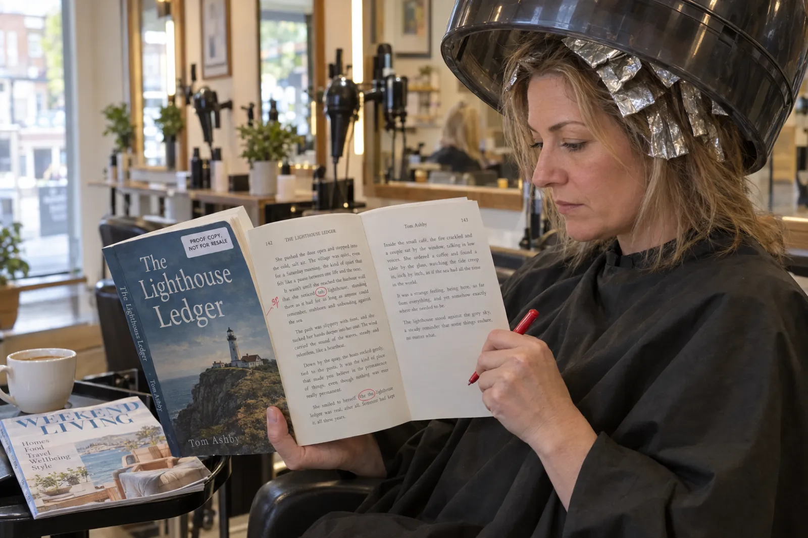 A woman with foil highlights under a salon hood dryer proofreads a paperback proof of The Lighthouse Ledger by Tom Ashby with a red pen, the word teh circled on page 142 and a PROOF COPY, NOT FOR RESALE label on the cover