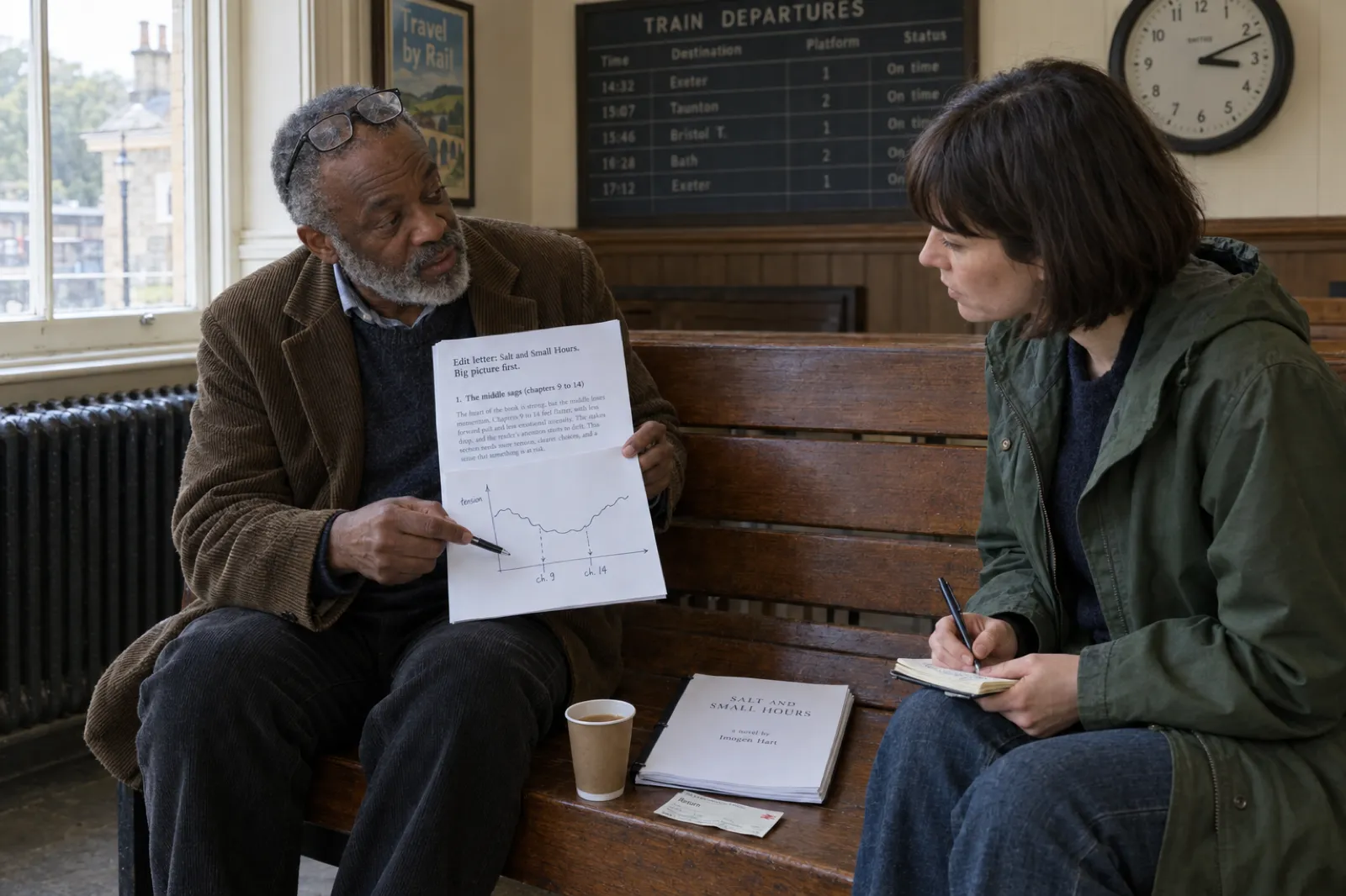 In a small railway station waiting room, a developmental editor in a corduroy jacket points at a hand-drawn tension chart on an edit letter titled Edit letter: Salt and Small Hours. Big picture first, while the author in a green raincoat takes notes