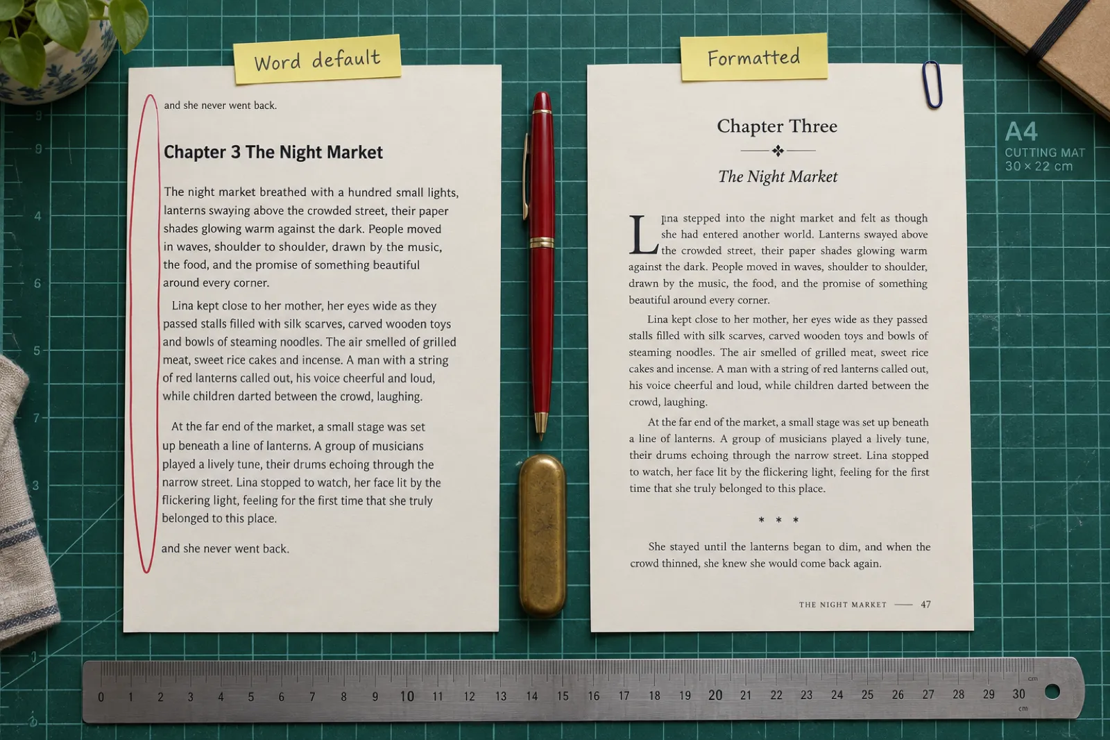 Two printed pages of the same chapter on a cutting mat. The left page, labelled Word default, has text crowding the spine, no indents, a stranded orphan line and a bold sans-serif heading. The right page, labelled Formatted, has a centred serif chapter heading with an ornament, a drop cap, indented paragraphs, a scene break and a running footer with page number 47.