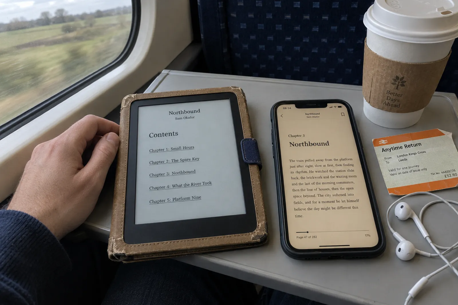 On a train tray table, an e-reader shows the linked contents page of the ebook Northbound by Sam Okafor, chapters one to five, beside a phone open at Chapter 3 of the same book in a sepia reading app.