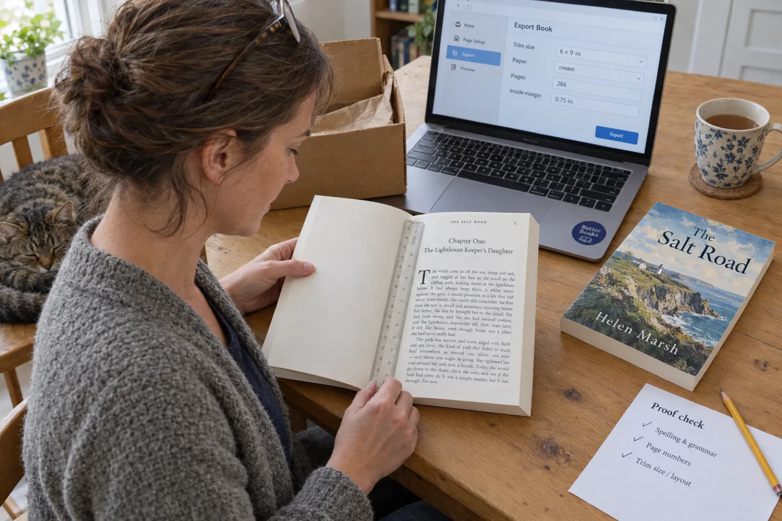 A woman at a kitchen table checks the inside margin of her first 6 x 9 inch paperback proof, The Salt Road by Helen Marsh, with a clear ruler laid across the gutter at Chapter One, an export screen on her laptop reading trim size 6 x 9 in, cream paper, 284 pages, inside margin 0.75 in.