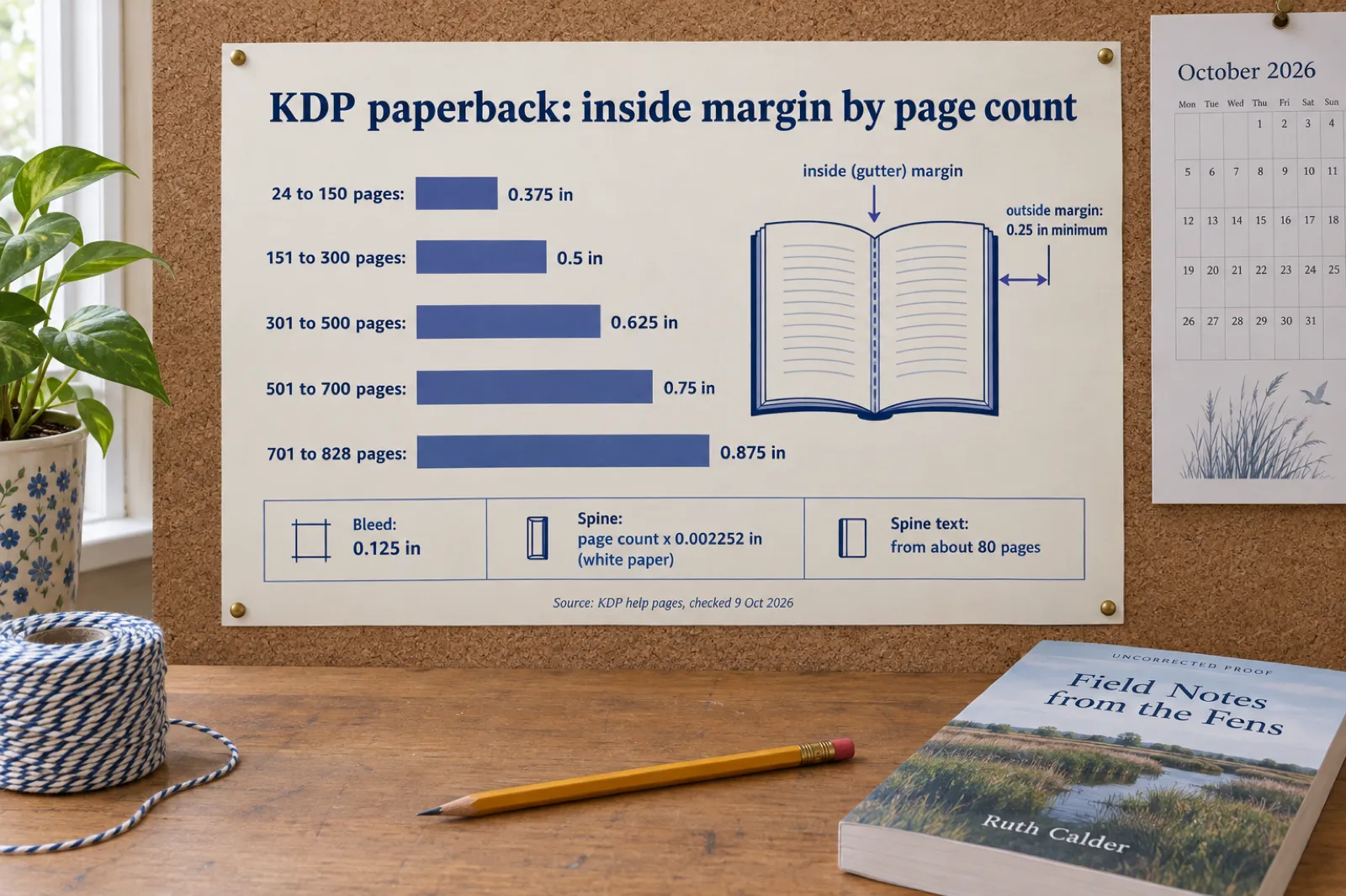 A printed poster titled KDP paperback: inside margin by page count, with five bars: 24 to 150 pages 0.375 in, 151 to 300 pages 0.5 in, 301 to 500 pages 0.625 in, 501 to 700 pages 0.75 in, 701 to 828 pages 0.875 in, plus boxes for bleed 0.125 in, spine page count times 0.002252 in on white paper, and spine text from about 80 pages.