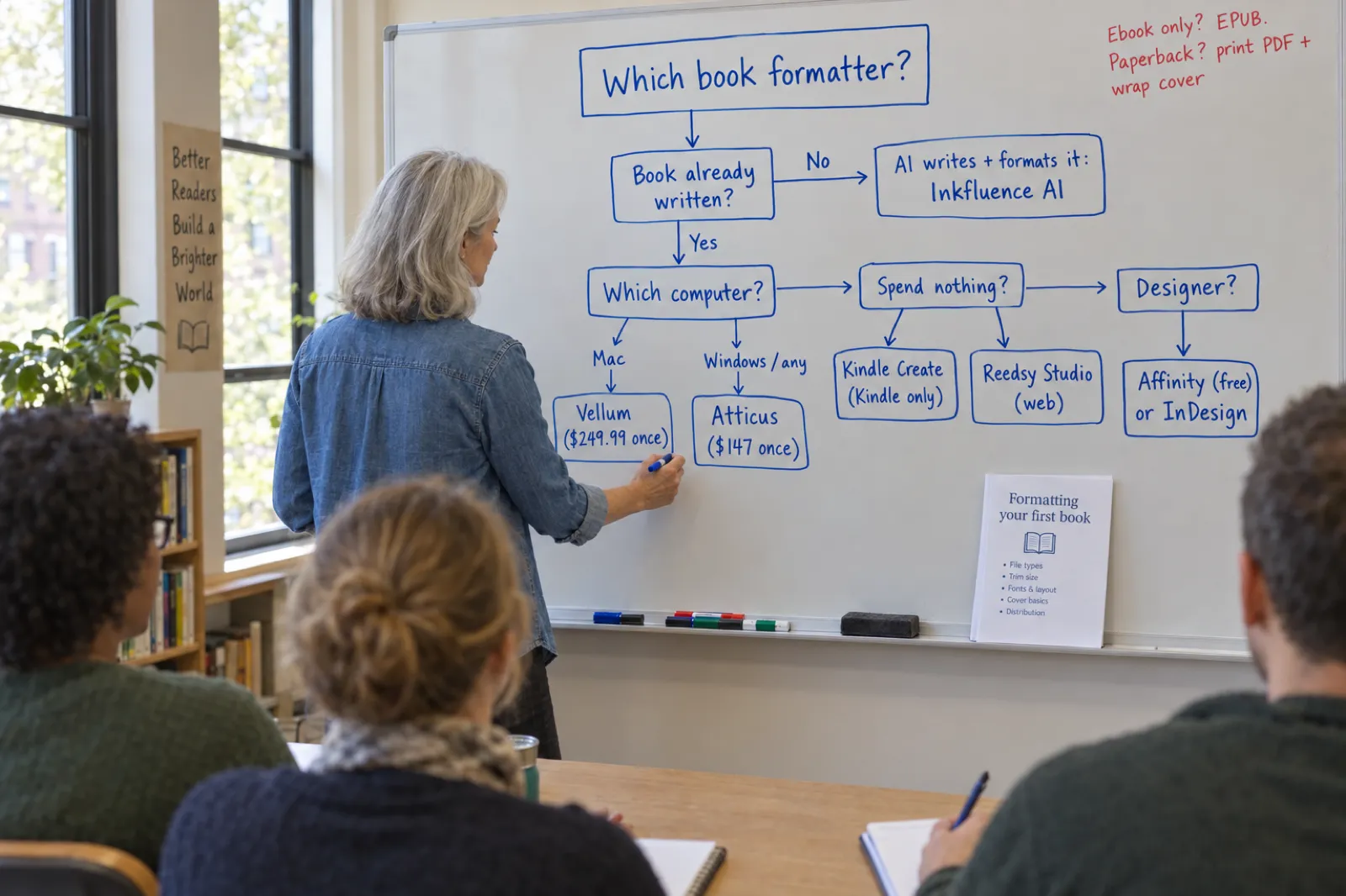 A workshop leader finishes a hand-drawn decision tree on a whiteboard: Which book formatter? Book already written? No leads to AI writes and formats it: Inkfluence AI. Yes leads to Which computer? Mac: Vellum ($249.99 once). Windows or any: Atticus ($147 once). Spend nothing? Kindle Create (Kindle only) or Reedsy Studio (web). Designer? Affinity (free) or InDesign.