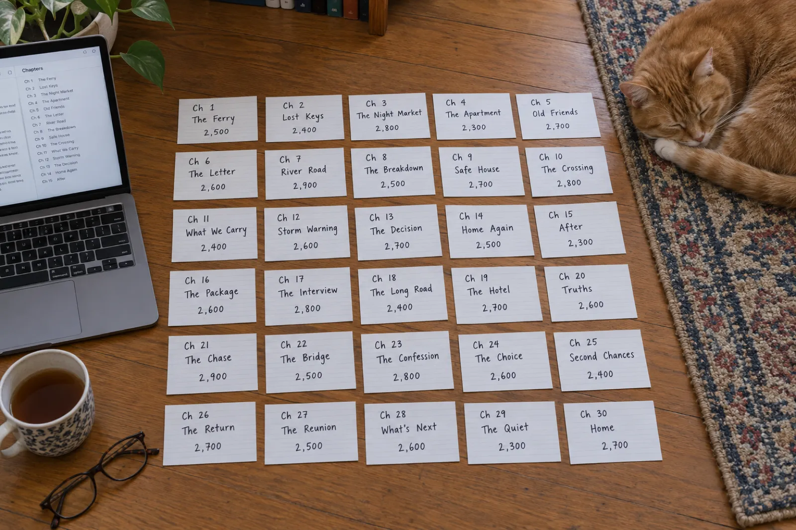 Overhead view of a writer's floor covered in index cards arranged in numbered rows, each card with a handwritten chapter title and a word target, a cat asleep at one edge and a laptop open to a chapter list
