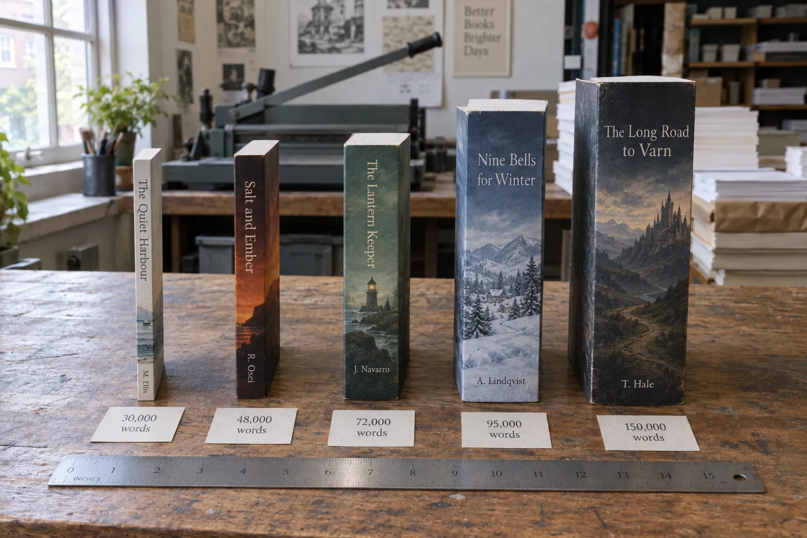 Five paperbacks of very different thicknesses lined up on a print-shop counter with a steel ruler beside them, each with a spelled-out invented title on its spine, from a slim novella to a thick fantasy novel