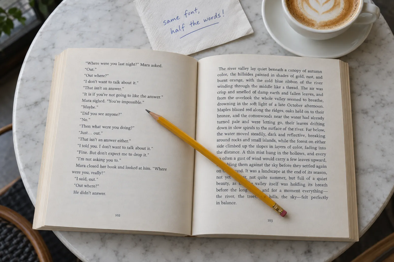Two open paperbacks side by side on a cafe table, the left page full of short lines of dialogue with plenty of white space, the right page a single dense paragraph edge to edge, a pencil pointing at the difference