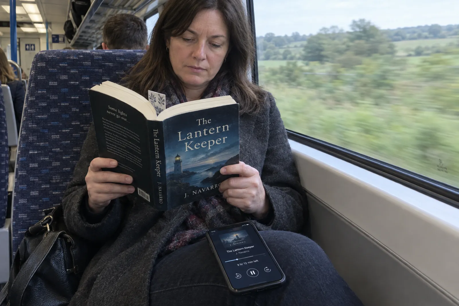 A woman on a commuter train reading a thick paperback with a bookmark two thirds of the way through, a phone on her knee showing an audiobook player with 9 hr 12 min remaining