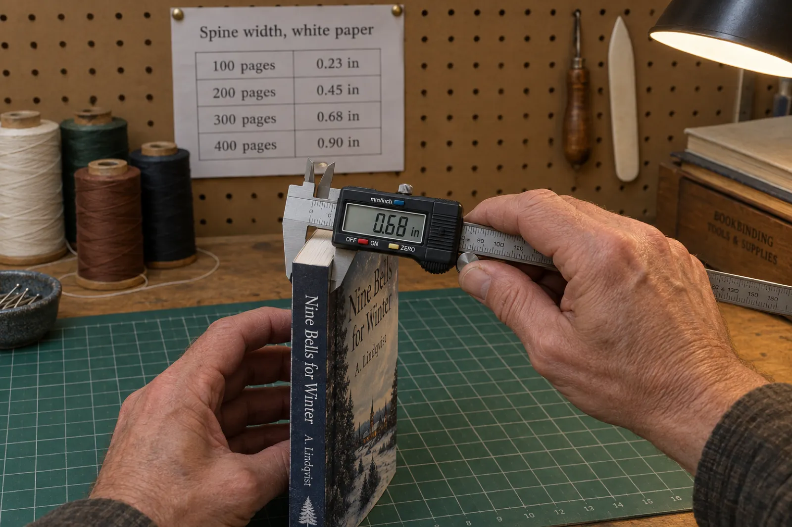 A bookbinder's hands measuring the spine of a thick paperback with digital calipers on a workbench, a printed spine-width chart pinned to the wall behind listing page counts and inches
