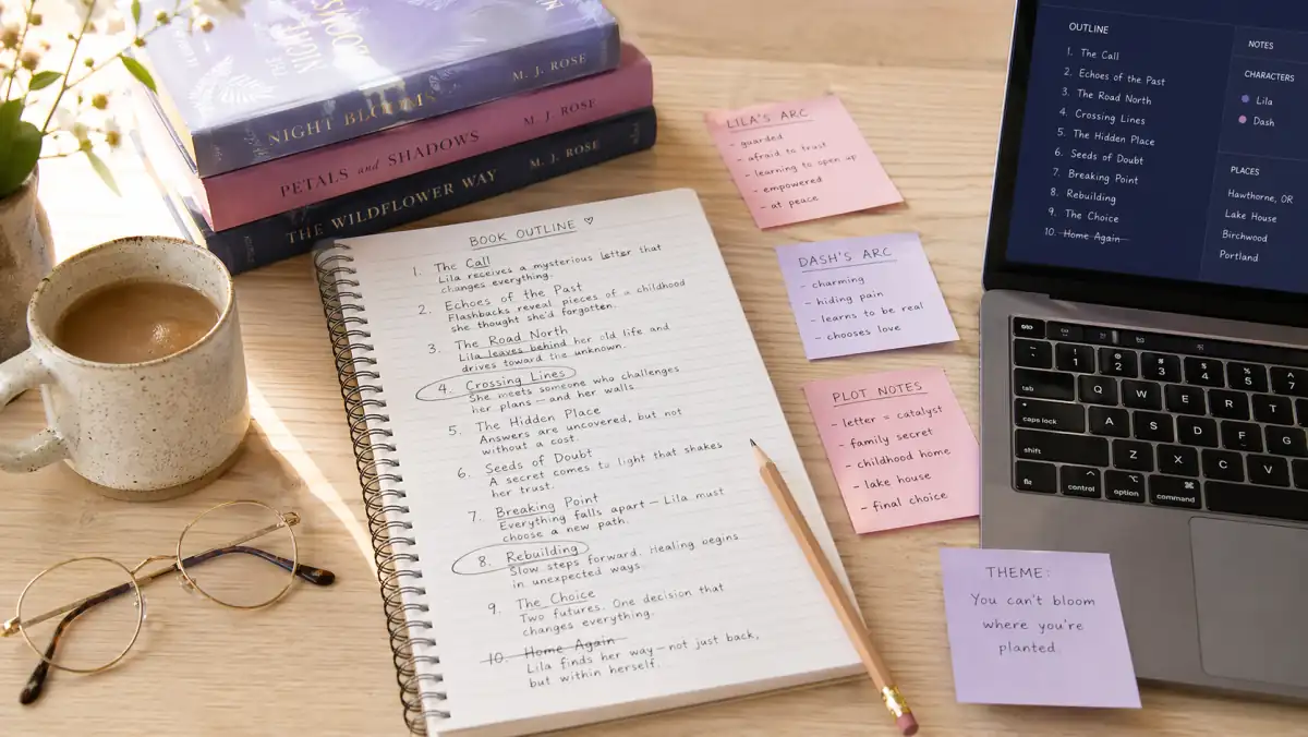 An author's book planning desk: a 10-chapter outline drawn on a spiral notebook page with numbered chapter titles and one-sentence summaries, sticky notes branching off showing character arcs, a laptop with a matching outline visible on-screen, coffee mug, reading glasses. Warm pastel palette, white oak desk. Illustrates the process of building a book outline before writing chapter one in 2026.