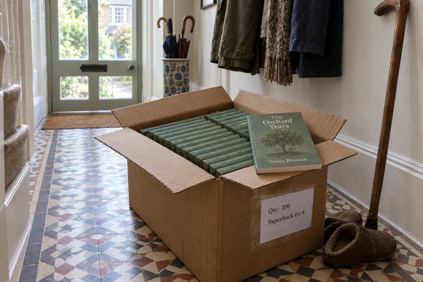An opened carton of 200 new paperbacks of The Orchard Years by Walter Brennan in a tiled terraced-house hallway, the packing slip reading Qty: 200 and Paperback 6 x 9, beside slippers and a walking stick.