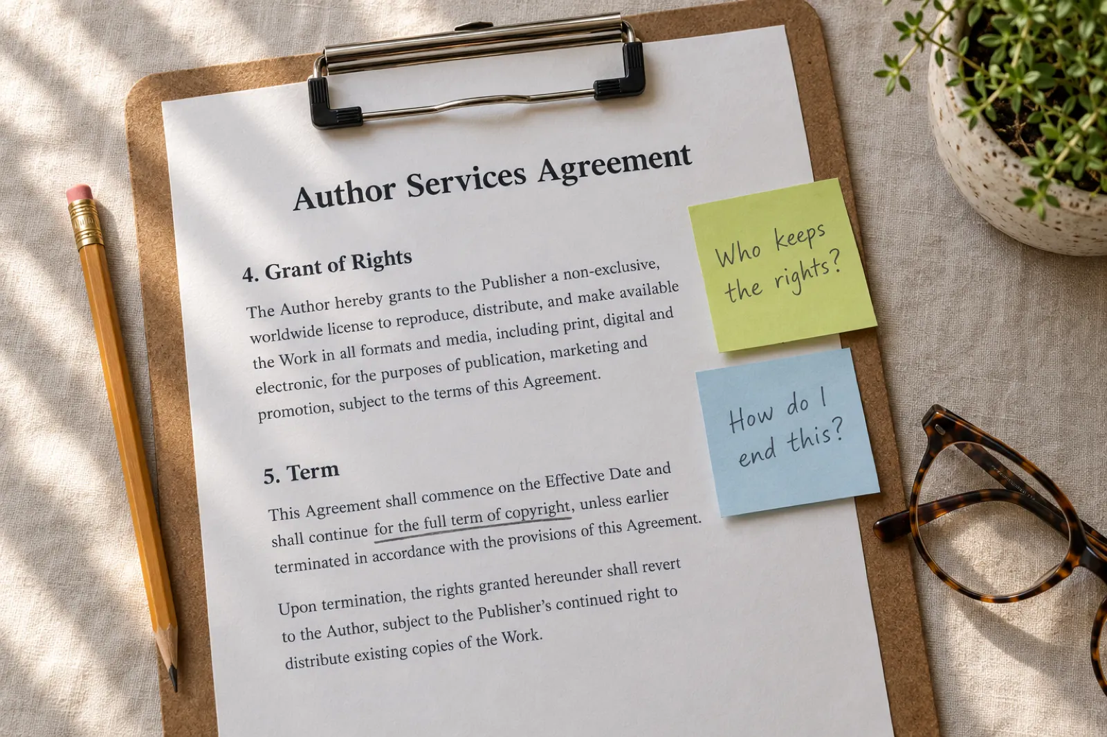 A clipboard holding a printed Author Services Agreement with the clause 5. Term underlined where it reads for the full term of copyright, and two sticky notes beside it asking Who keeps the rights? and How do I end this?, with reading glasses and a pencil.