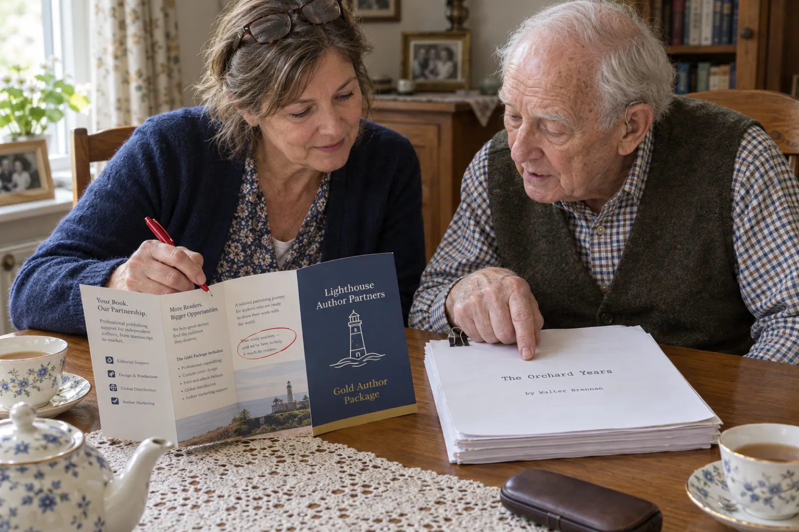 An adult daughter and her elderly father at a dining table reading a glossy brochure for a Gold Author Package from Lighthouse Author Partners, an invented company, next to his typed manuscript The Orchard Years by Walter Brennan; she has circled a line in red pen.