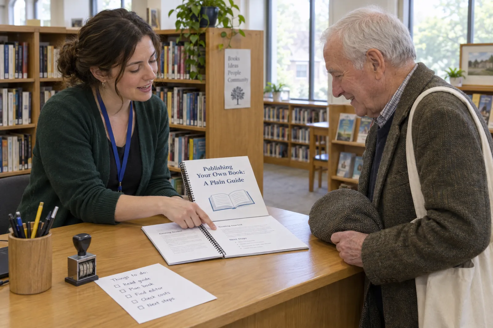 A librarian at a public library help desk pointing to a page in a spiral-bound guide titled Publishing Your Own Book: A Plain Guide, while a retired man holding a flat cap listens.