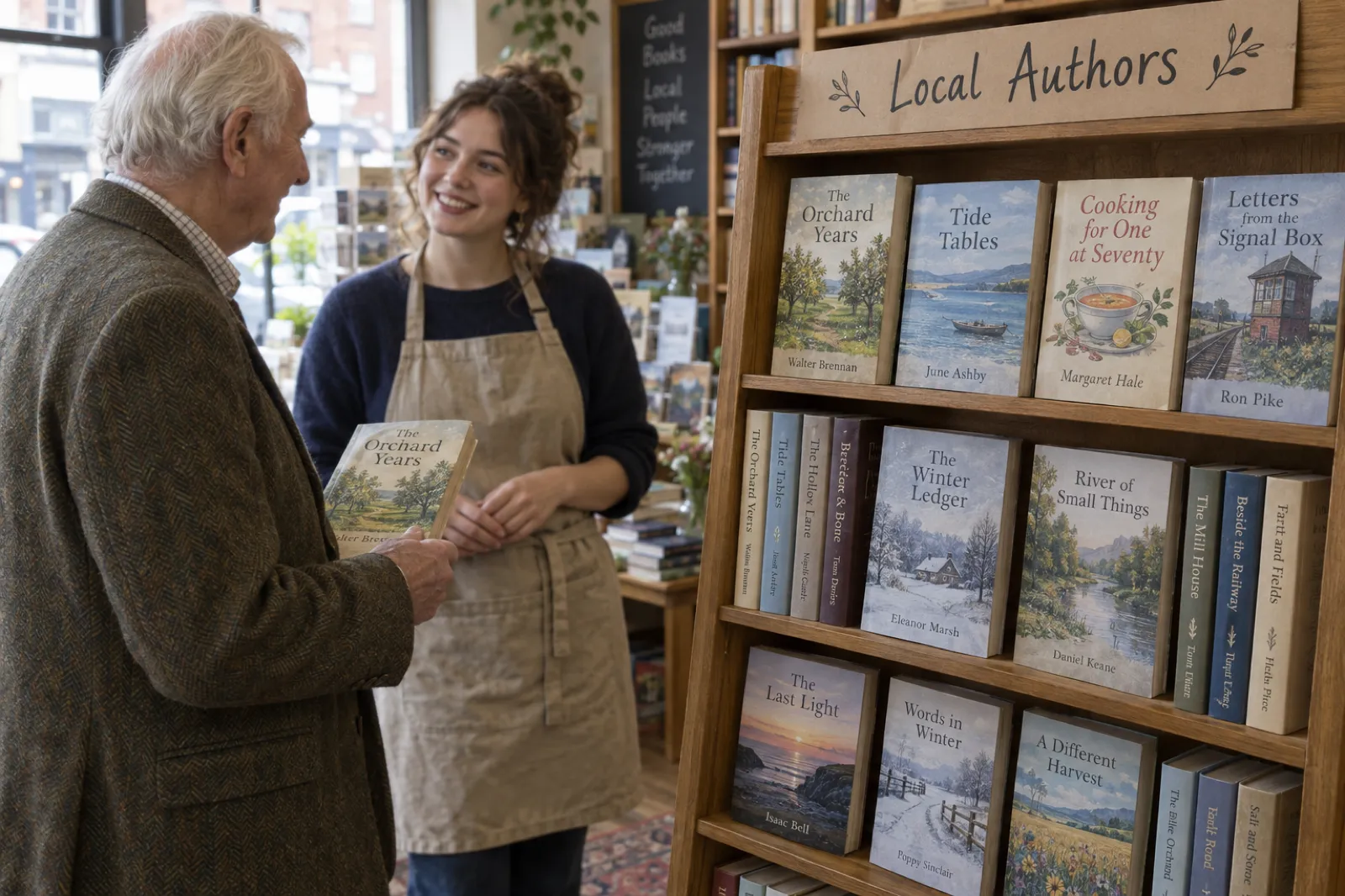 An elderly man in a tweed jacket holding his paperback The Orchard Years beside a Local Authors shelf in a small independent bookshop, talking with a smiling young bookseller in an apron.
