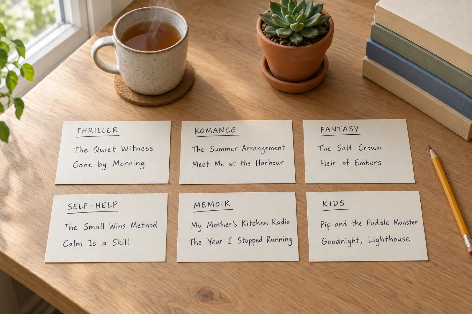 Six handwritten index cards on an oak desk, each labelled with a genre and two title ideas: Thriller, The Quiet Witness and Gone by Morning; Romance, The Summer Arrangement and Meet Me at the Harbour; Fantasy, The Salt Crown and Heir of Embers; Self-help, The Small Wins Method and Calm Is a Skill; Memoir, My Mother's Kitchen Radio and The Year I Stopped Running; Kids, Pip and the Puddle Monster and Goodnight, Lighthouse.