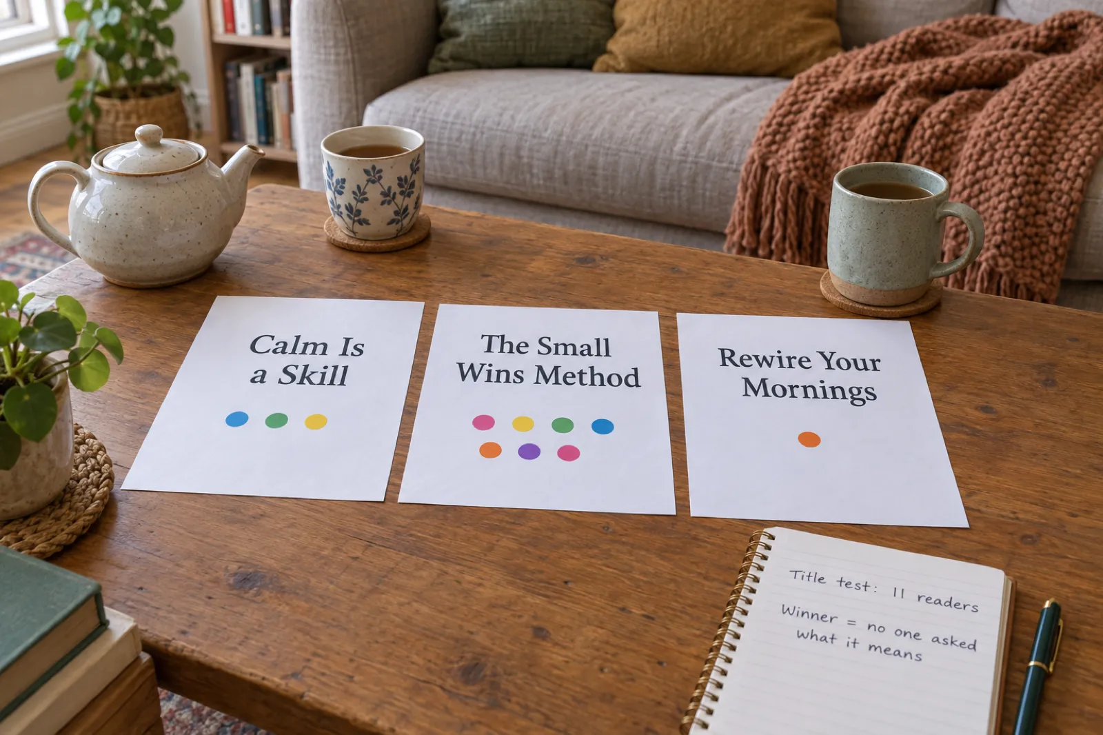 A reader poll on a living room coffee table: three printed sheets reading Calm Is a Skill, The Small Wins Method and Rewire Your Mornings, with seven coloured sticky-dot votes under The Small Wins Method, three under Calm Is a Skill and one under Rewire Your Mornings, and a notebook reading Title test: 11 readers, winner equals no one asked what it means.